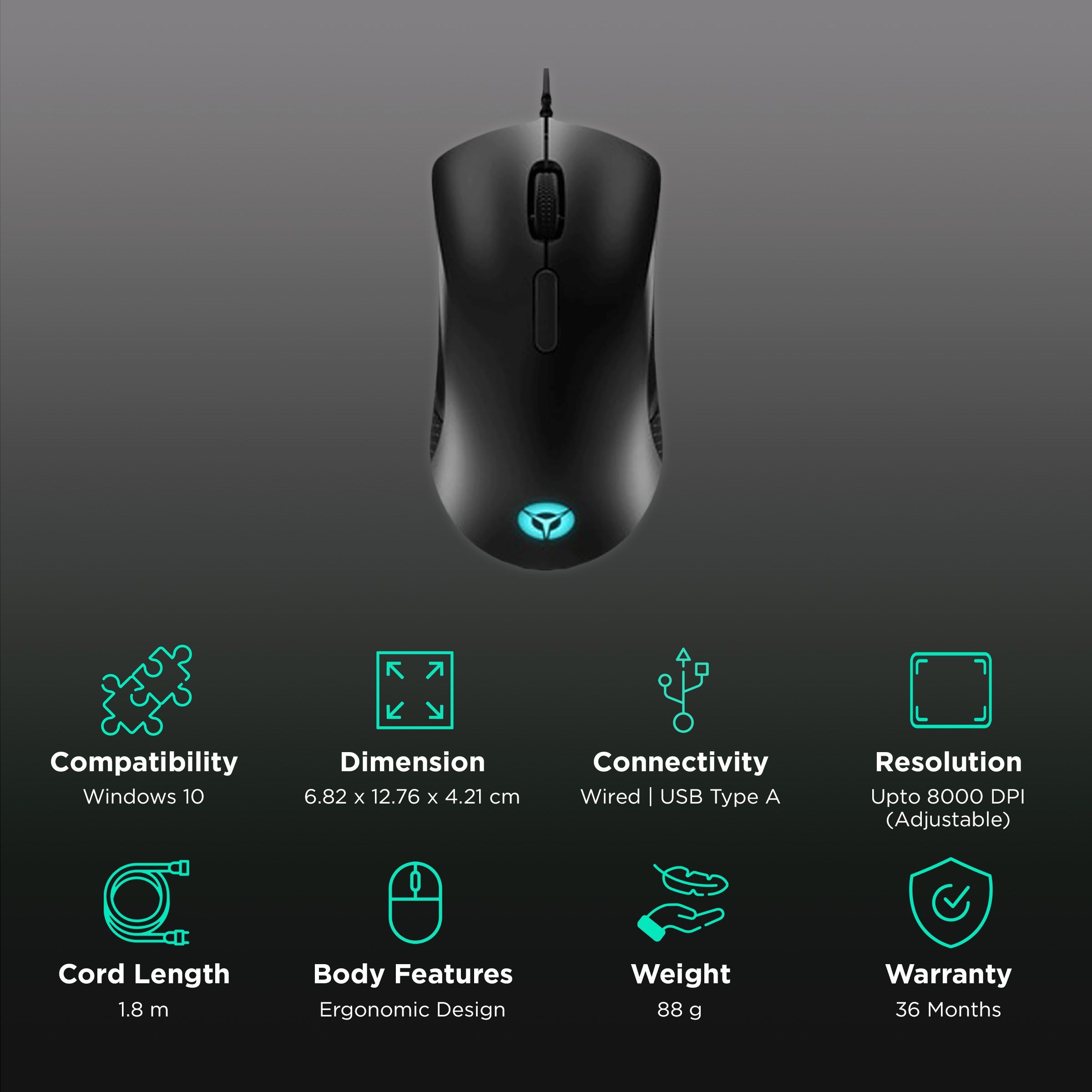 Lenovo Legion M300 Wired Optical Gaming Mouse (8000 DPI (Adjustable), Ergonomic Design, Black)_2