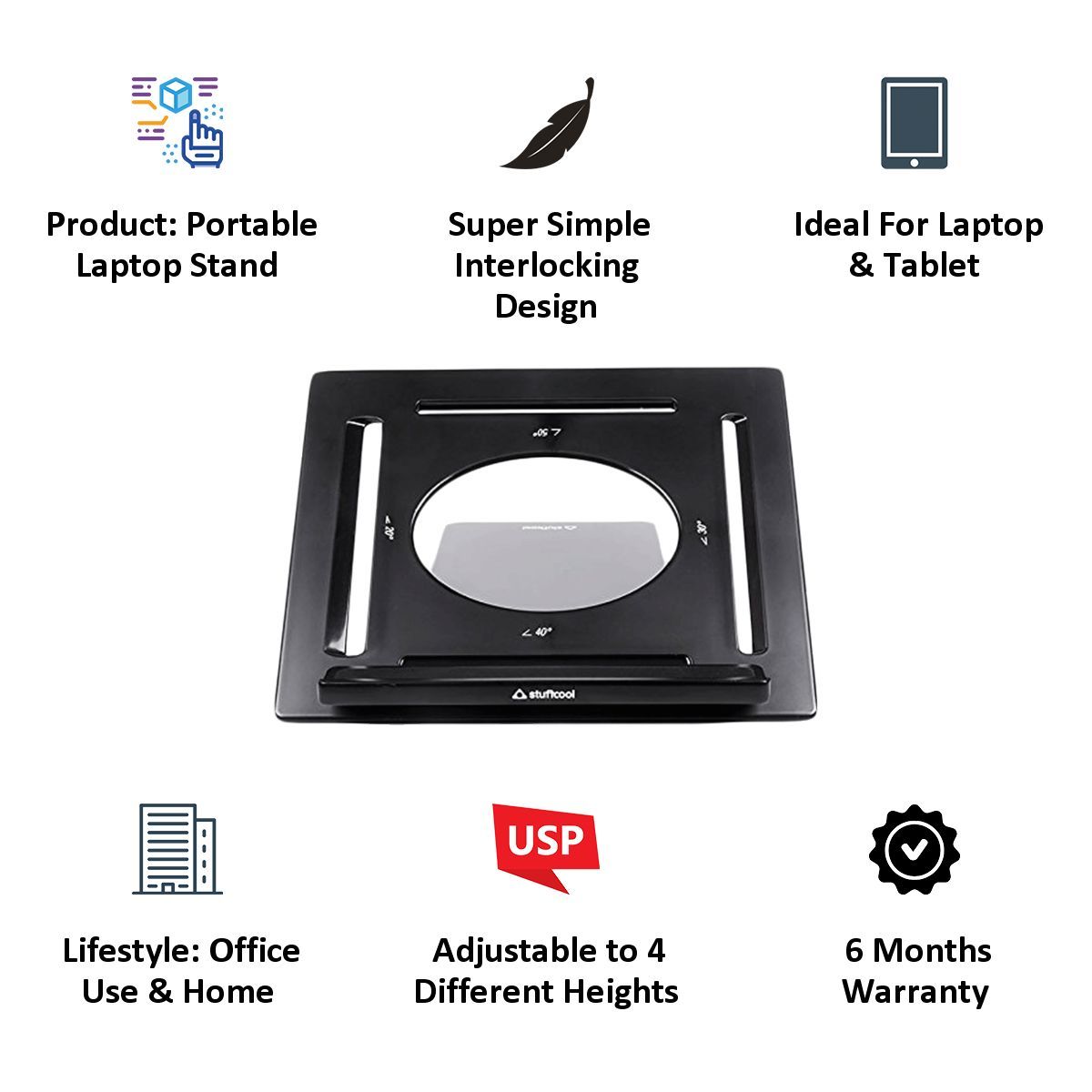 stuffcool Riser Adjustable Portable Stand for Laptop and Tablet (Super Simple Interlocking Design, RSLTSTD-BLK, Black)_7