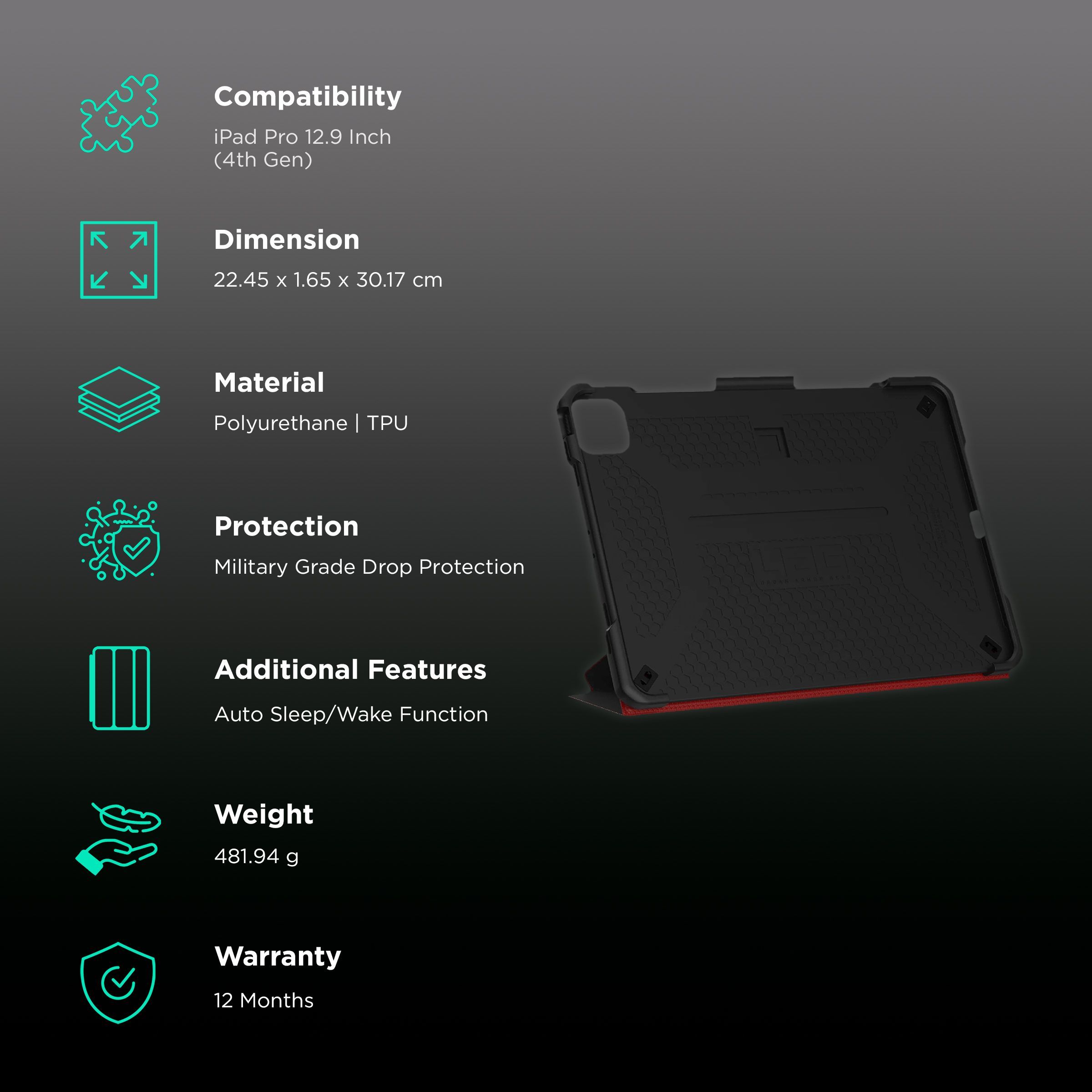 UAG Metropolis Series Polyurethane, TPU Flip Cover for Apple iPad Pro 12.9 Inch (4th Gen) (Feather-Light Composite Construction, Magma)_2