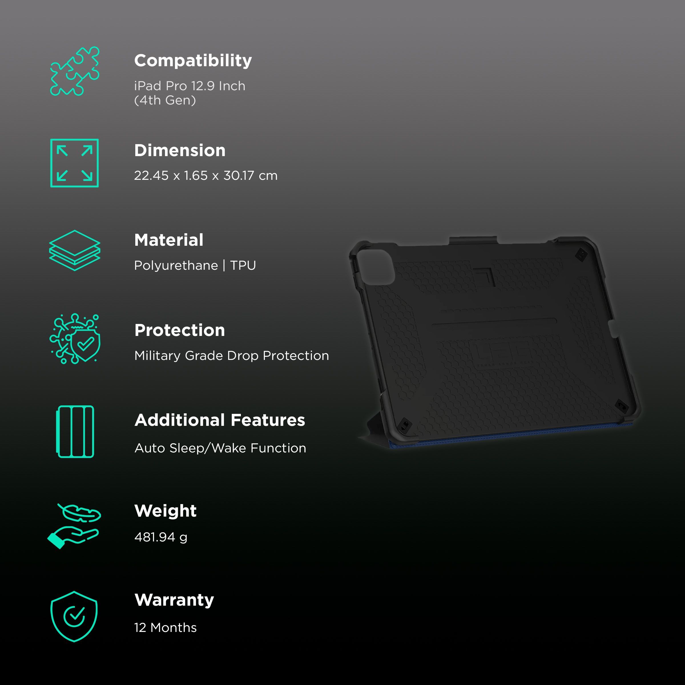 UAG Metropolis Series Polyurethane, TPU Flip Cover for Apple iPad Pro 12.9 Inch (4th Gen) (Feather-Light Composite Construction, Cobalt)_2