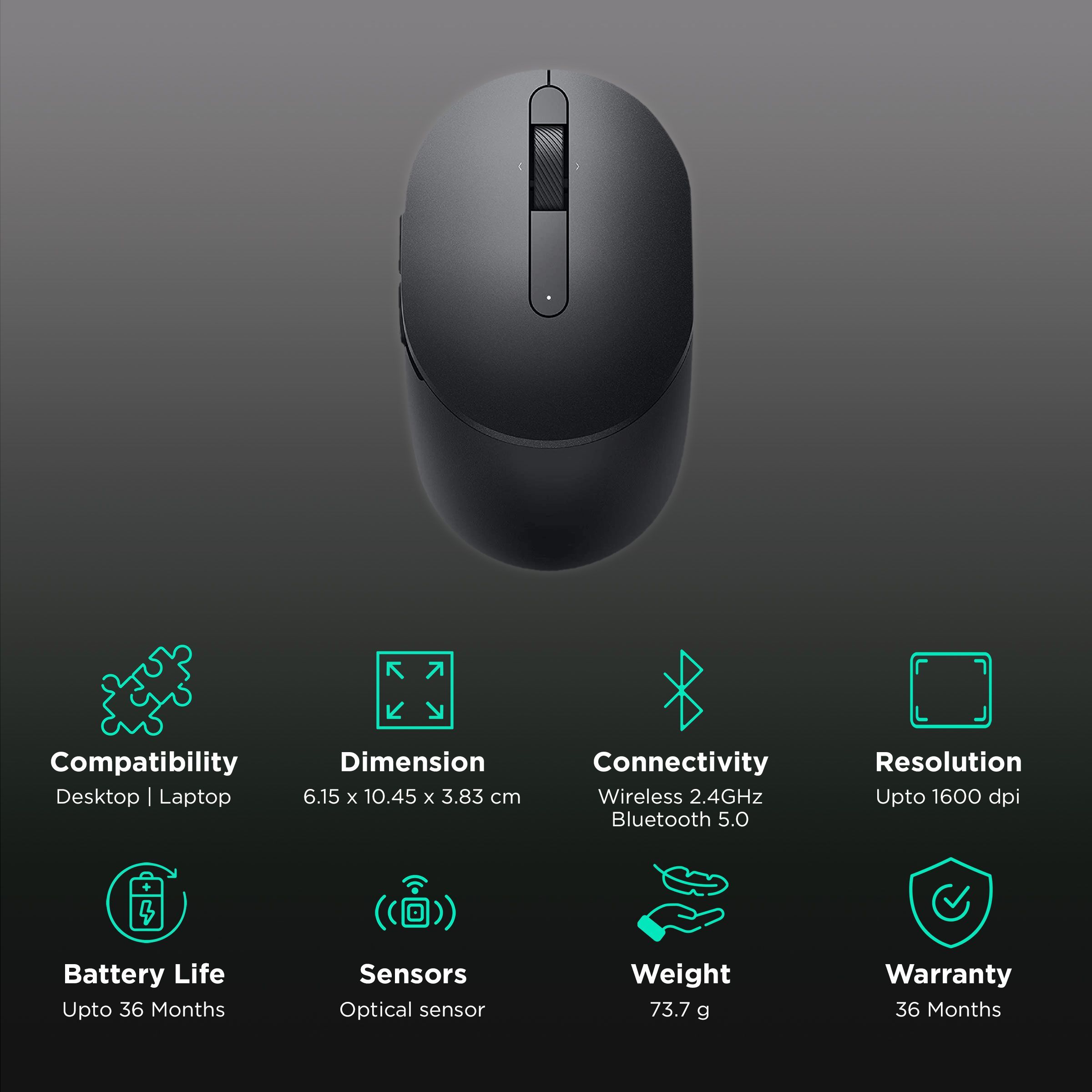 DELL Mobile Pro Wireless Optical Mouse (1600 dpi, Easy Pairing, Black) DELL Mobile Pro Wireless Optical Mouse (1600 dpi, Easy Pairing, Black)_2