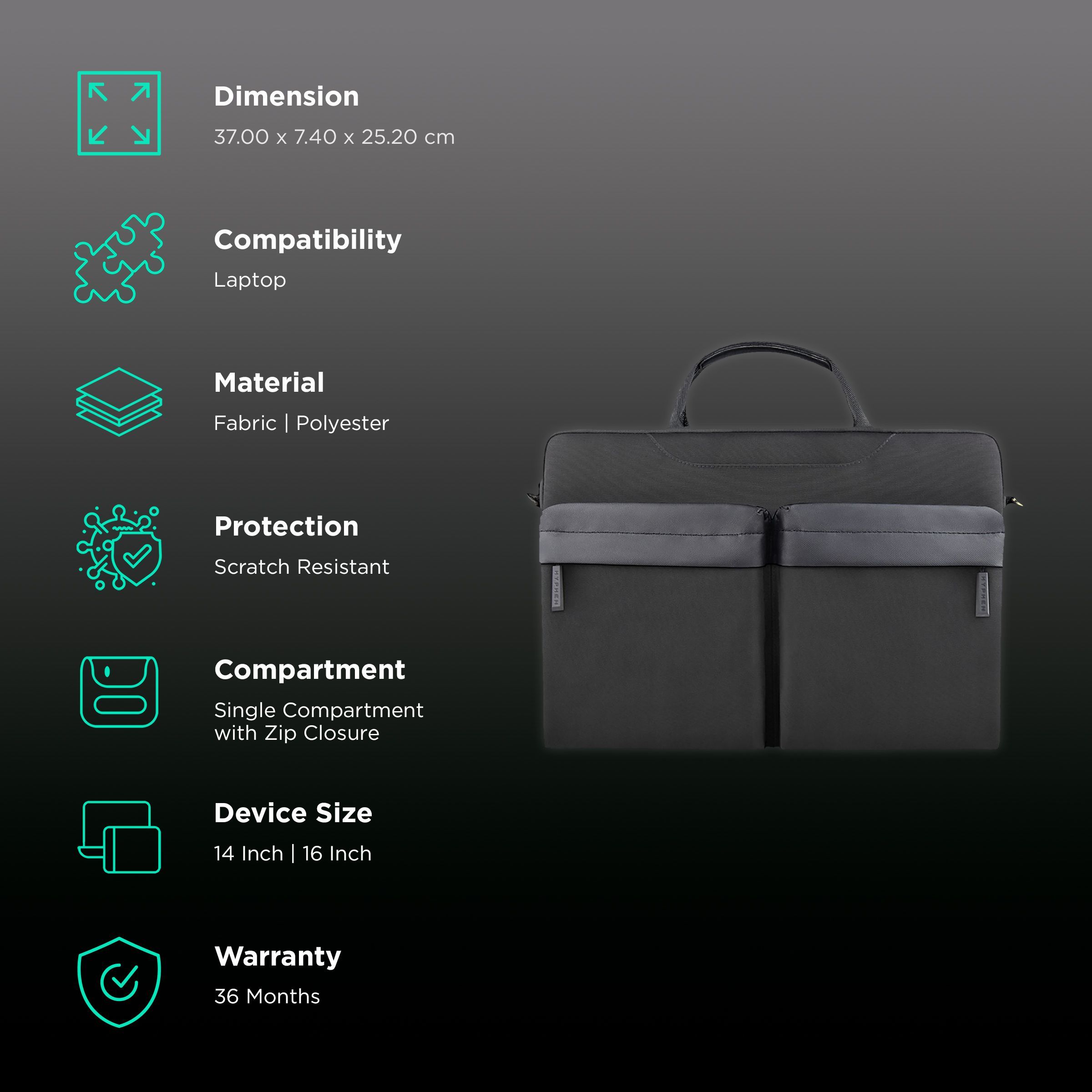 HYPHEN ESSE 701 Fabric, Polyester Laptop Sling Bag for 14 & 16 Inch Laptop (Scratch Resistant, Black)_3