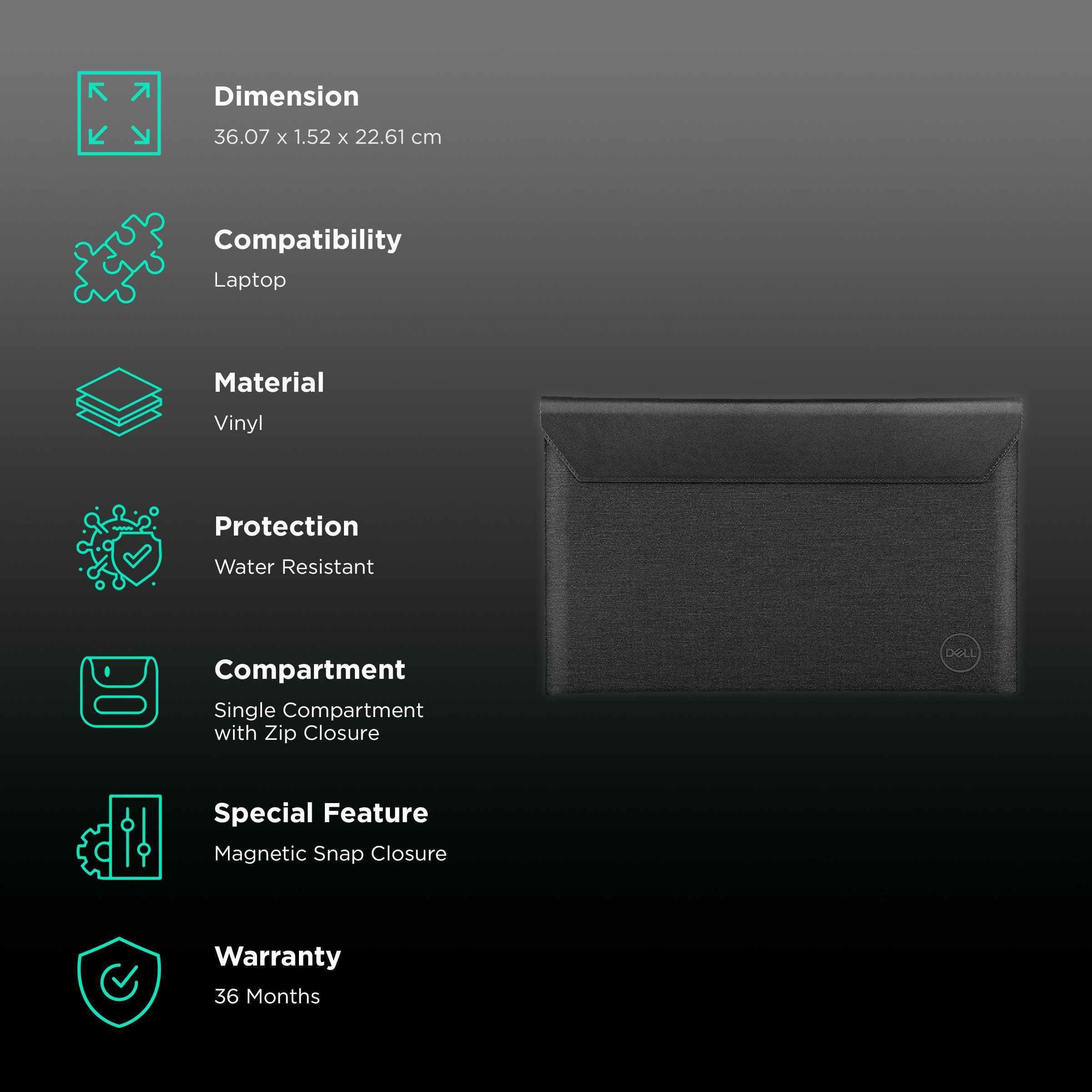 DELL Premier PE1420V Vinyl Laptop Sleeve for 14 Inch Laptop (Water Resistant, Black/Grey)_3