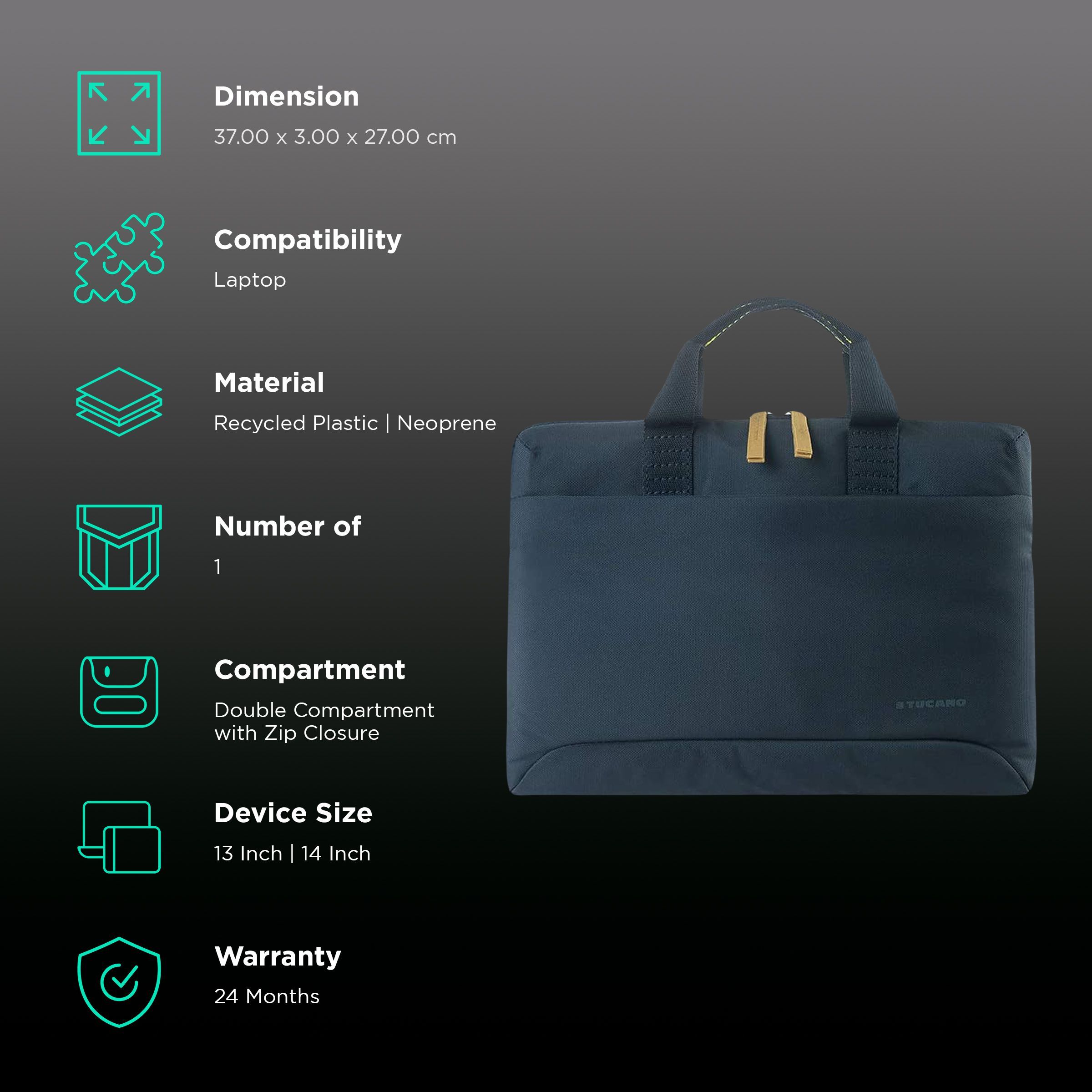 TUCANO Smilza Recycled Plastic, Neoprene Laptop Sleeve for 13 & 14 Inch Laptop (Super Slim, Blue)_3