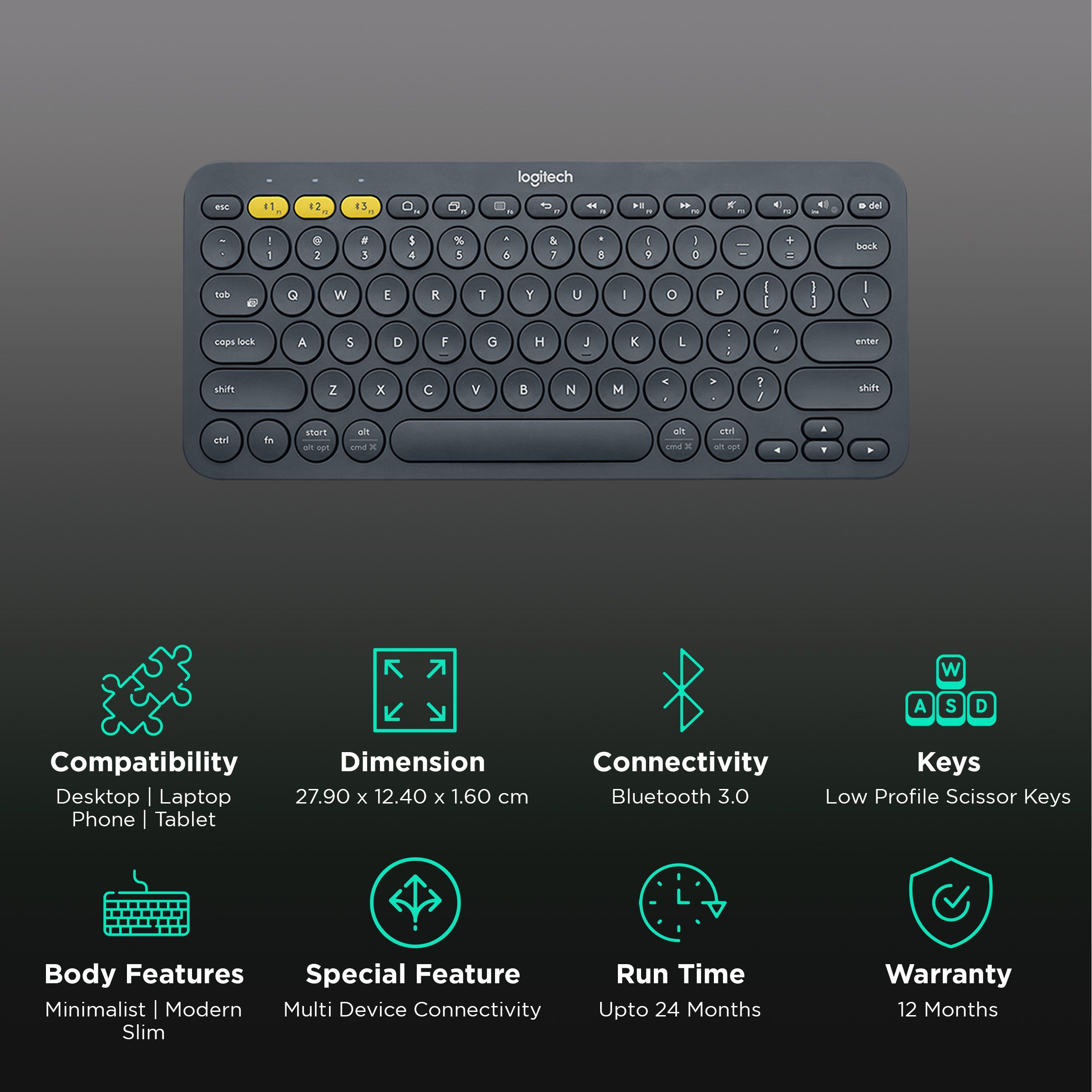 logitech K380 Bluetooth 3.0 Wireless Keyboard with Multi Device Connectivity (Low Profile Scissor Keys, Graphite) logitech K380 Bluetooth 3.0 Wireless Keyboard with Multi Device Connectivity (Low Profile Scissor Keys, Graphite)_2