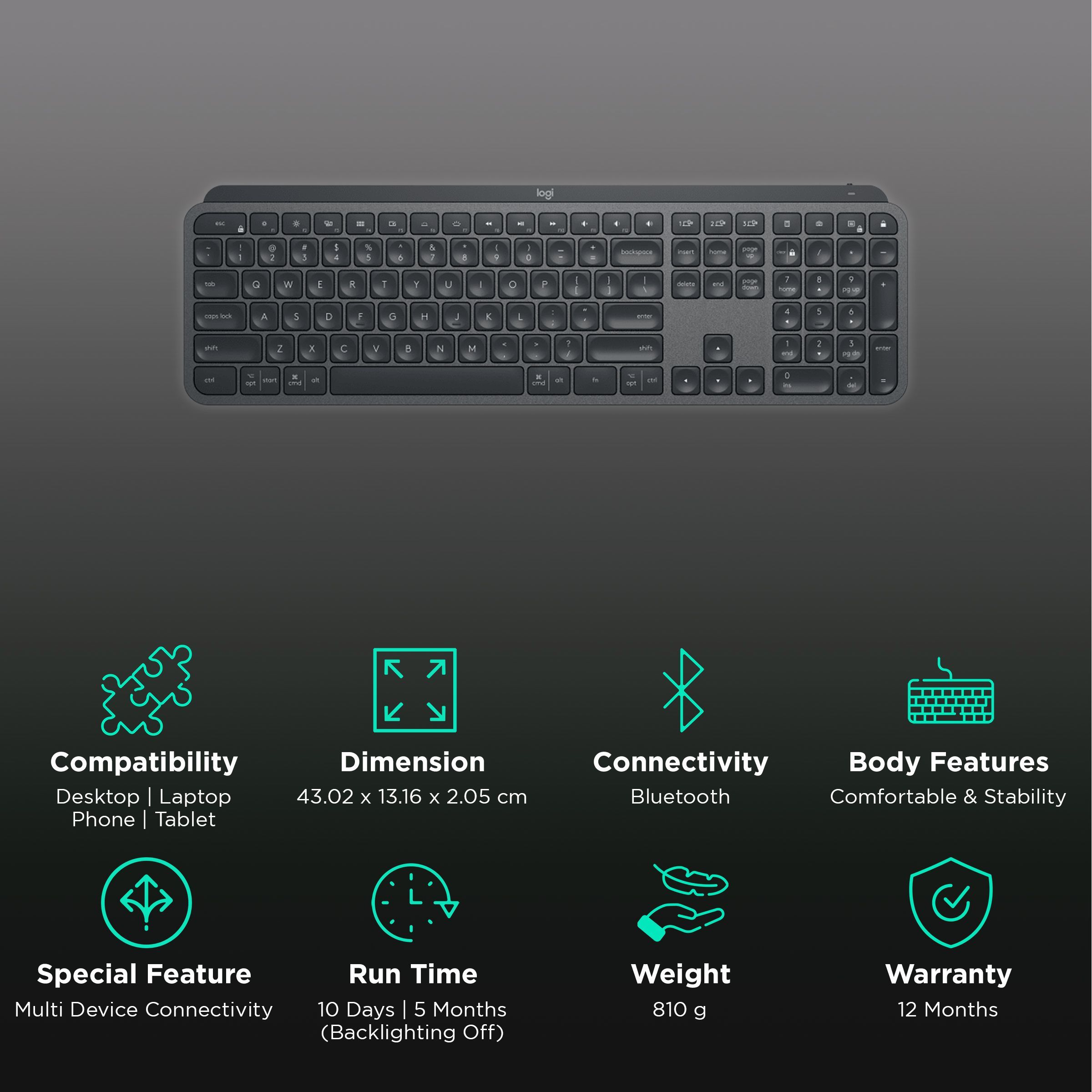 logitech MX Keys Rechargeable Bluetooth Wireless Keyboard with Multi Device Connectivity (Tactile Responsive Typing, Black) logitech MX Keys Rechargeable Bluetooth Wireless Keyboard with Multi Device Connectivity (Tactile Responsive Typing, Black)_2