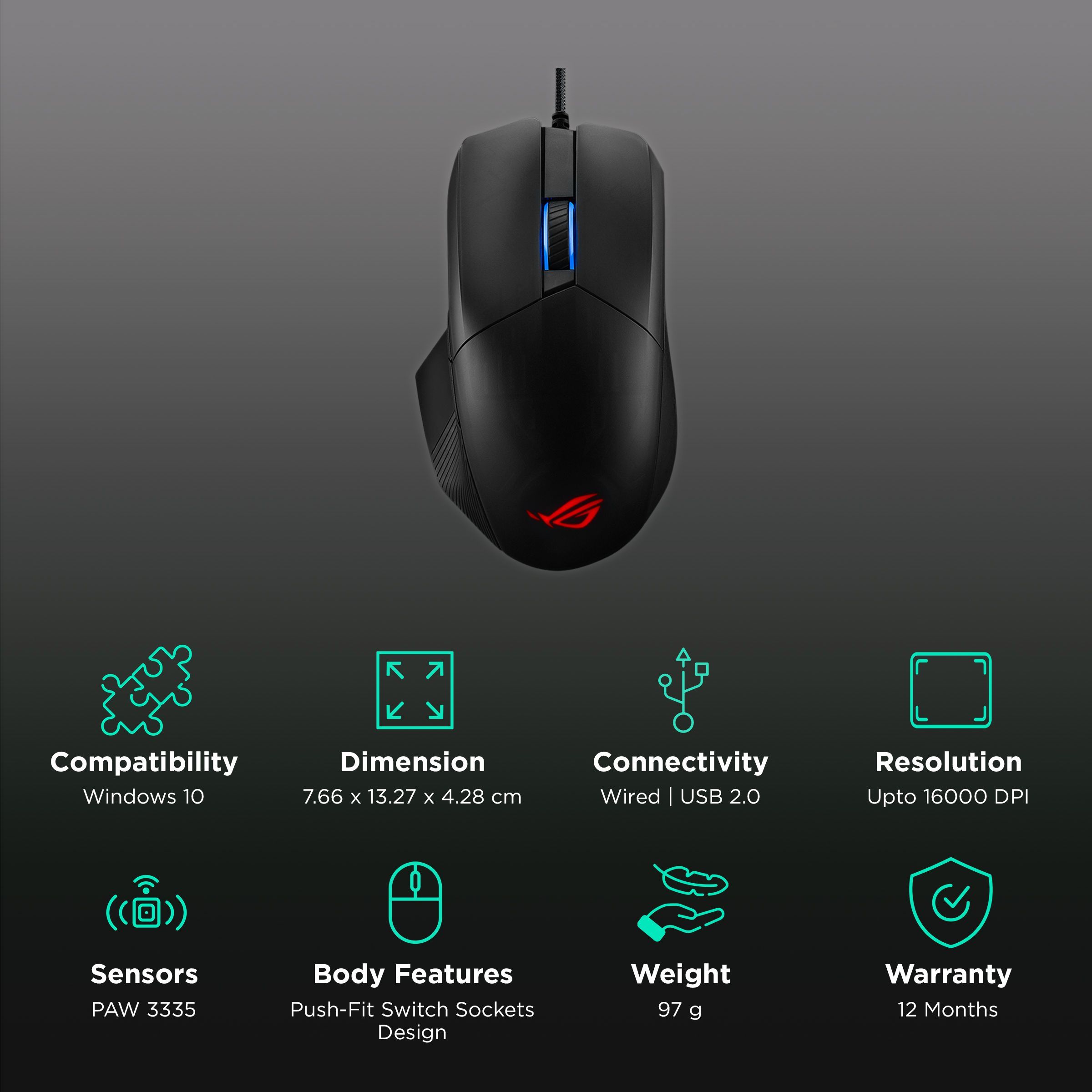 ASUS ROG Chakram Core Wired Optical Gaming Mouse (16000 DPI, Push-Fit Switch Sockets Design, Black)_2