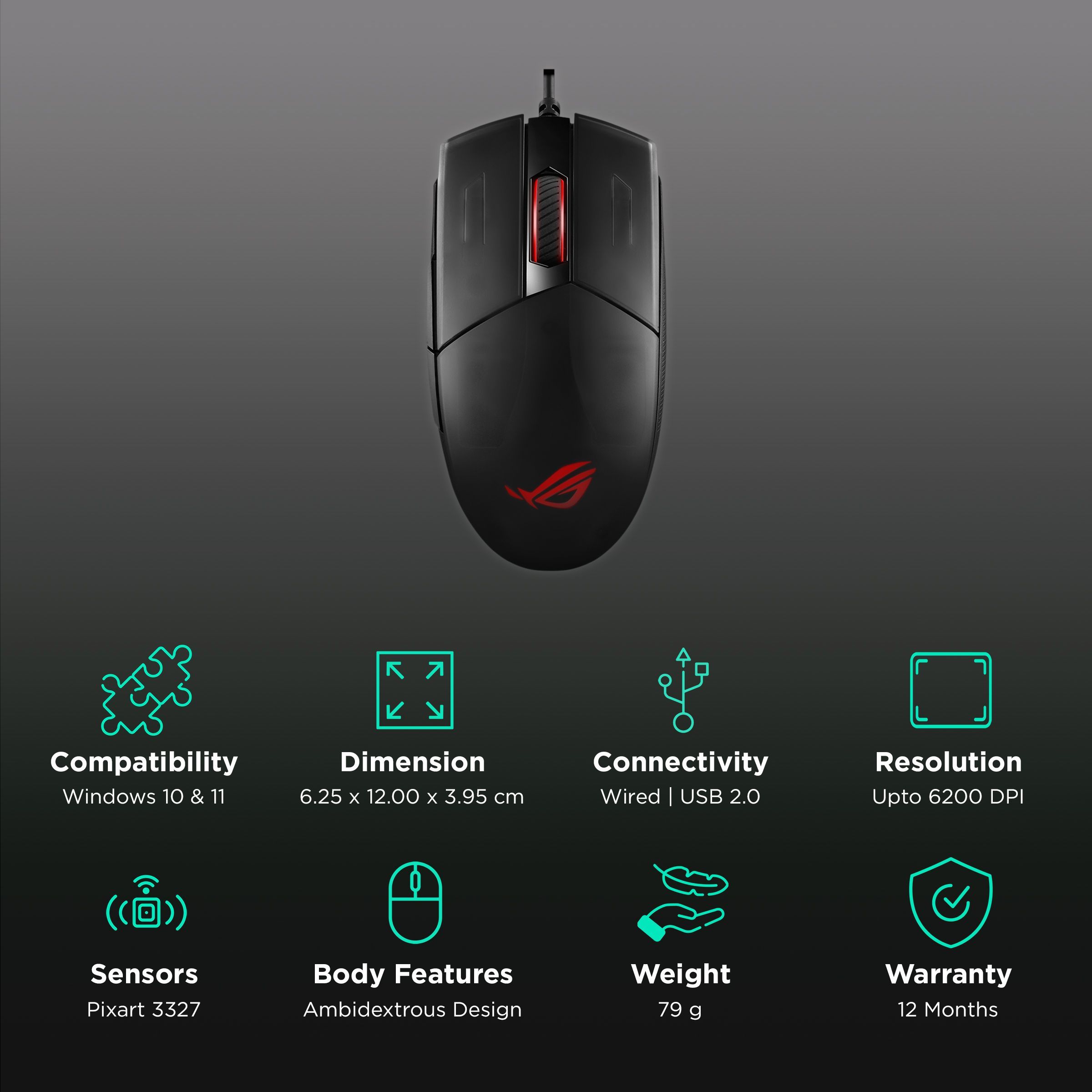 ASUS ROG Strix Impact II Wired Optical Gaming Mouse (6200 DPI, Ambidextrous Design, Black)_2