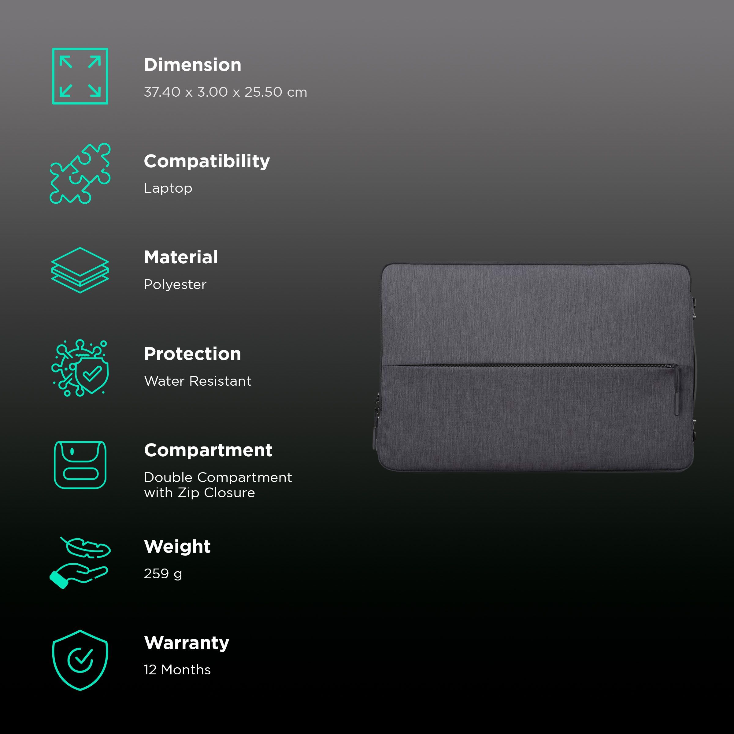 Lenovo Urban Polyester Laptop Sleeve for 14 Inch Laptop (Water Resistant, Charcoal Grey)_3