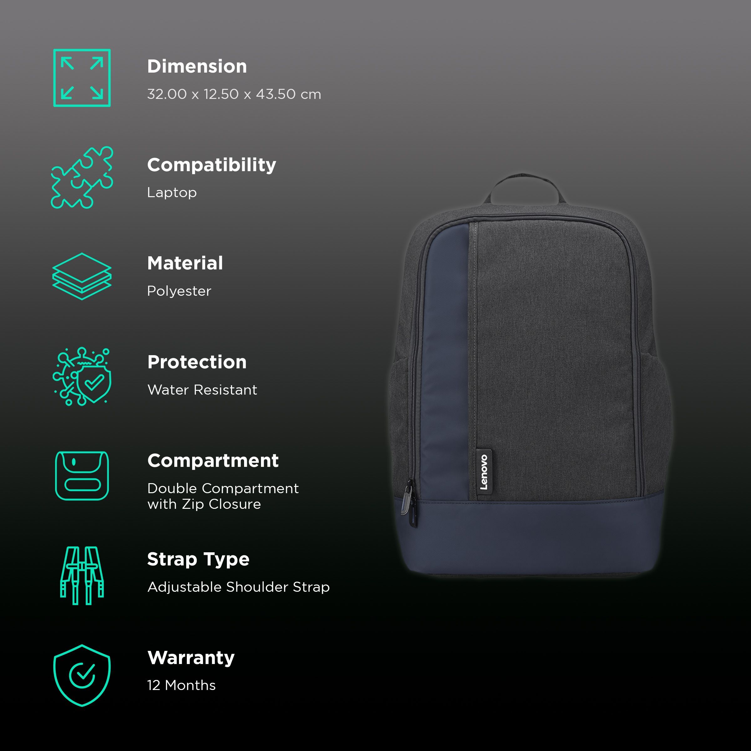 Lenovo Professional Polyester Laptop Backpack for 15.6 Inch Laptop (4 L, Water Resistant, Navy Blue/Dark Grey)_2