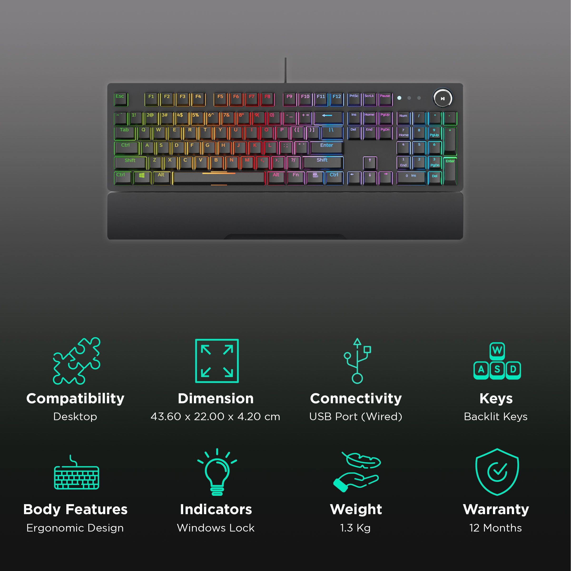 Red Gear Shadow Blade Wired Gaming Keyboard with Backlit Keys (Rainbow LED, Black)_2