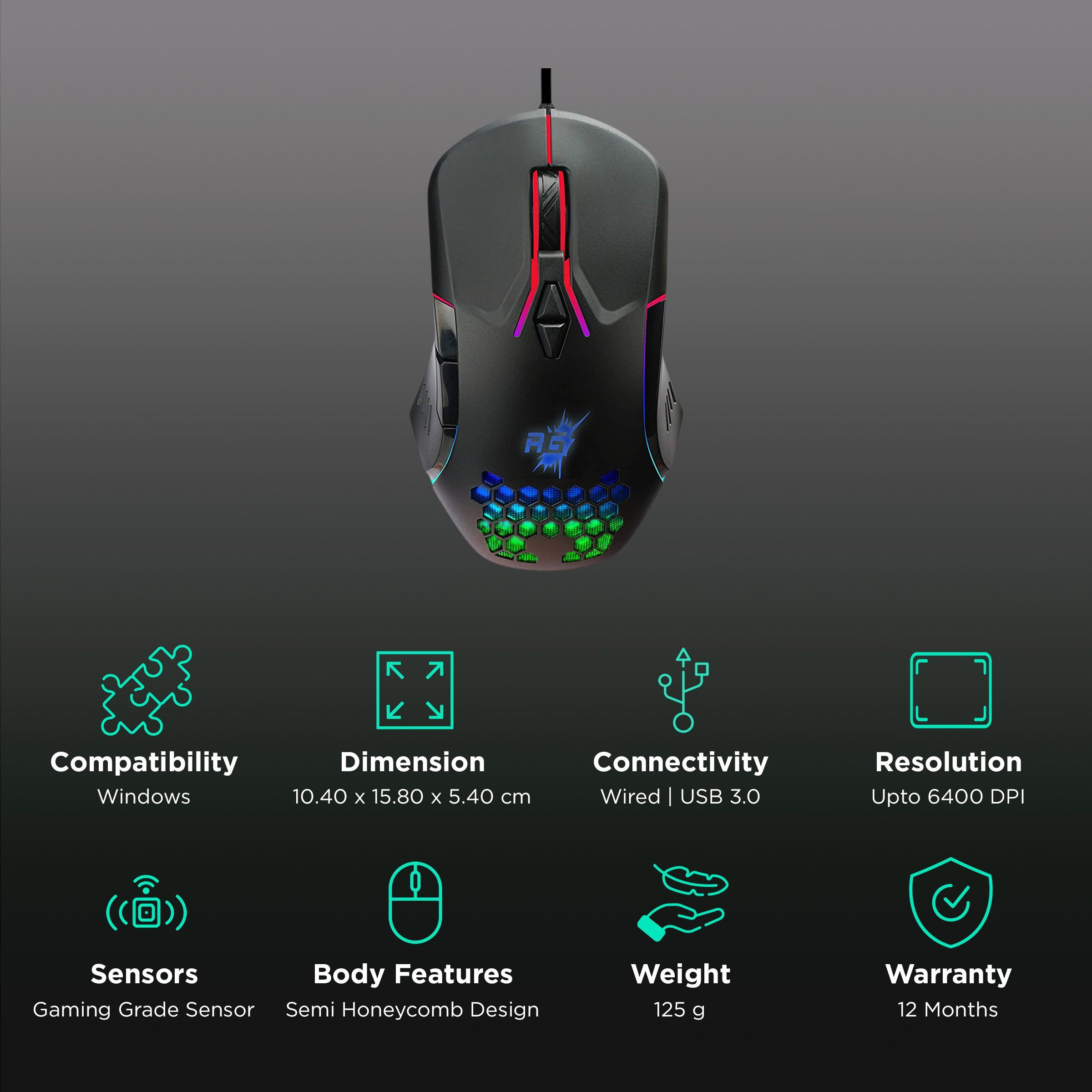 Red Gear A-15 Wired Optical Gaming Mouse (6400 DPI, Extra Durable Switches, Black)_2