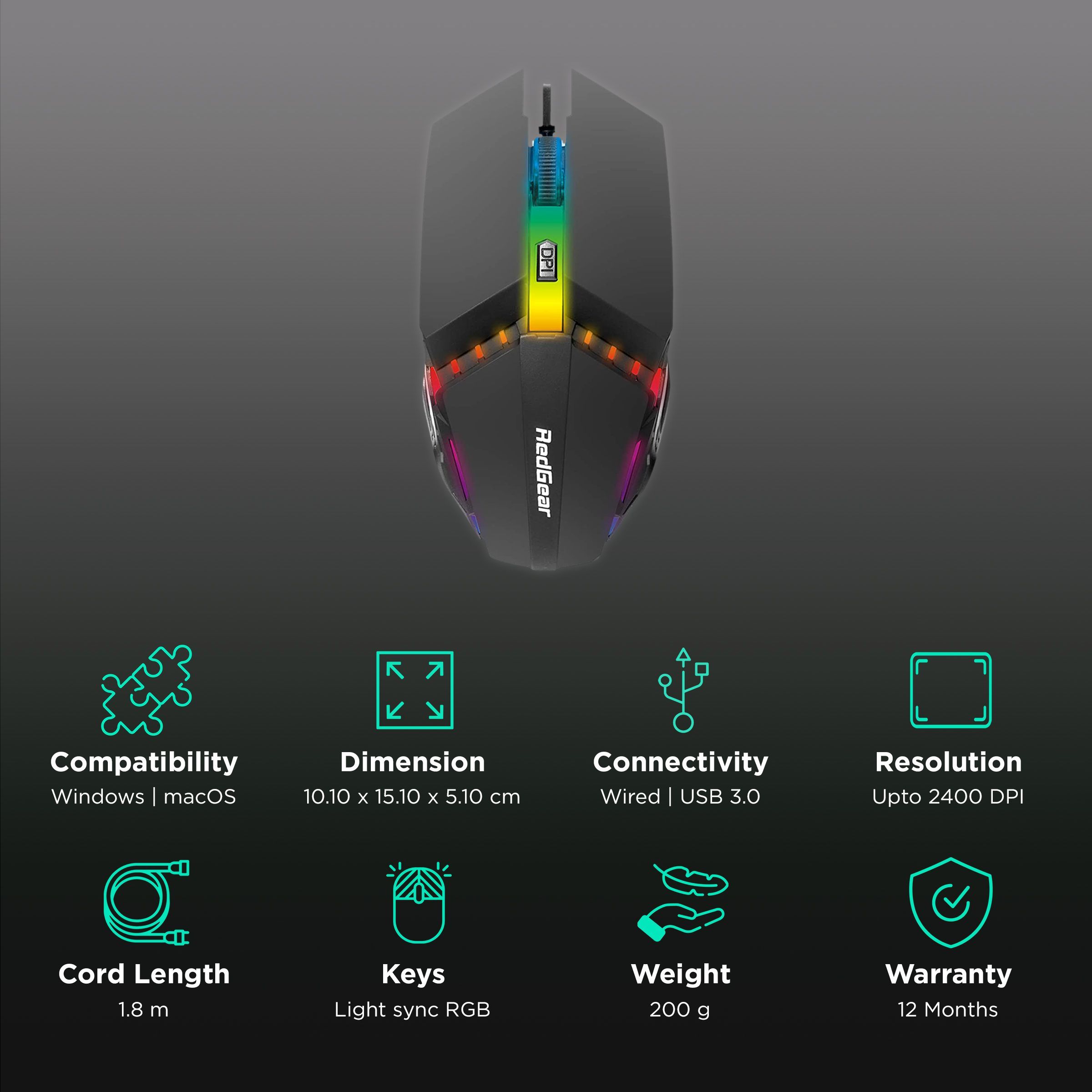 Red Gear A-10 Wired Optical Gaming Mouse (2400 DPI, Light Sync RGB, Black) Red Gear A-10 Wired Optical Gaming Mouse (2400 DPI, Light Sync RGB, Black)_2