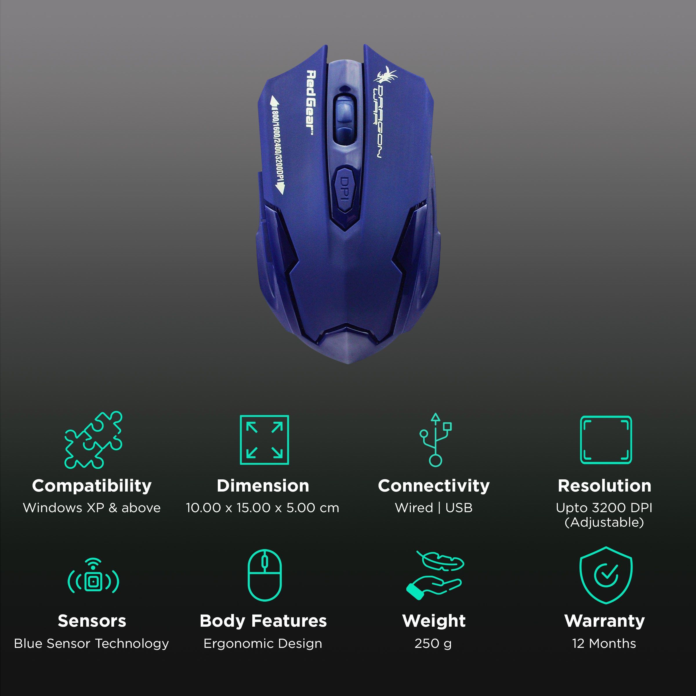 Red Gear Dragonwar Emera Wired Performance Gaming Mouse with Customizable Buttons (3200 DPI Adjustable, Blue Sensor Technology, Dark Blue)_2