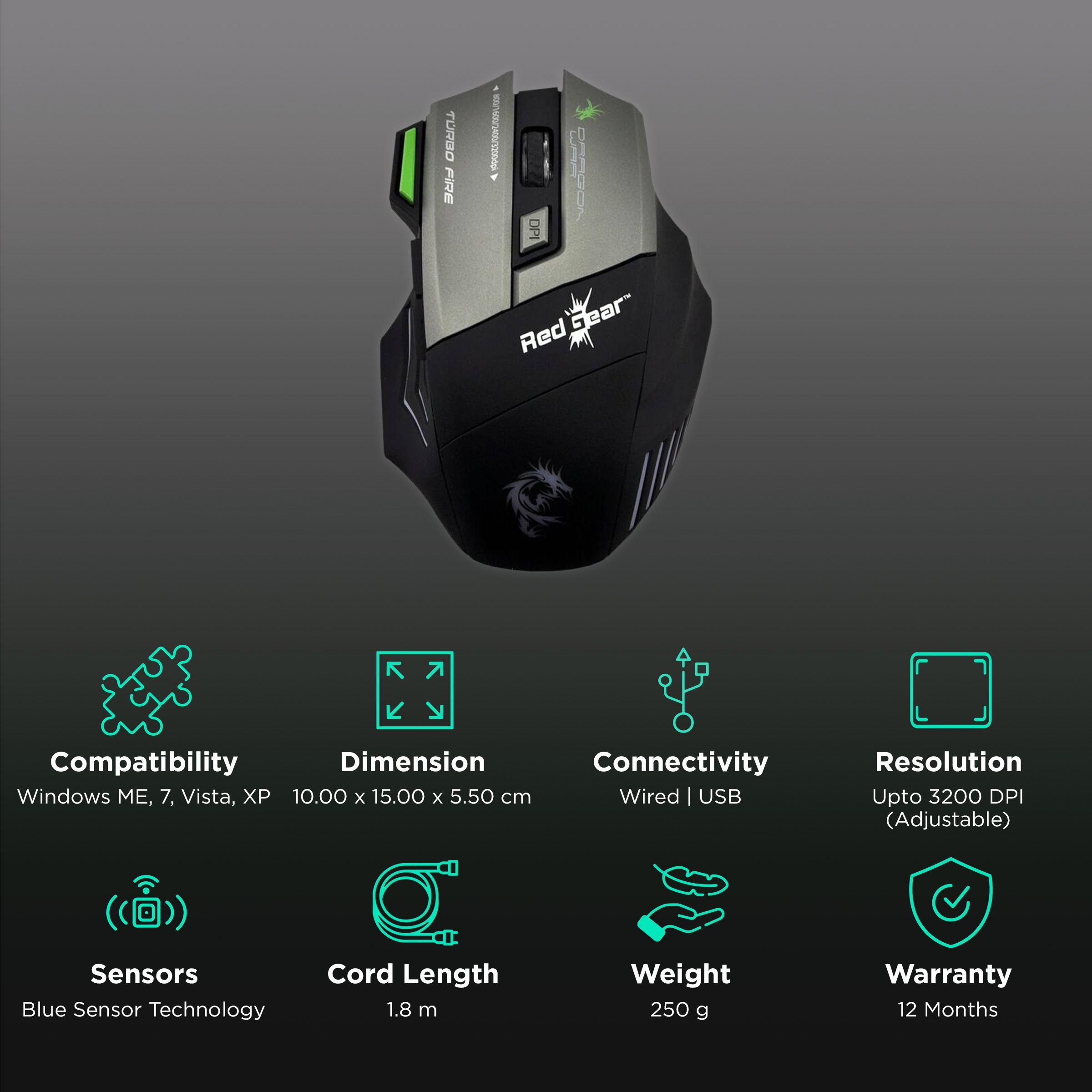 Red Gear Dragonwar Thor Wired Optical Gaming Mouse (3200 DPI Adjustable, Blue Sensor Technology, Blue)_2