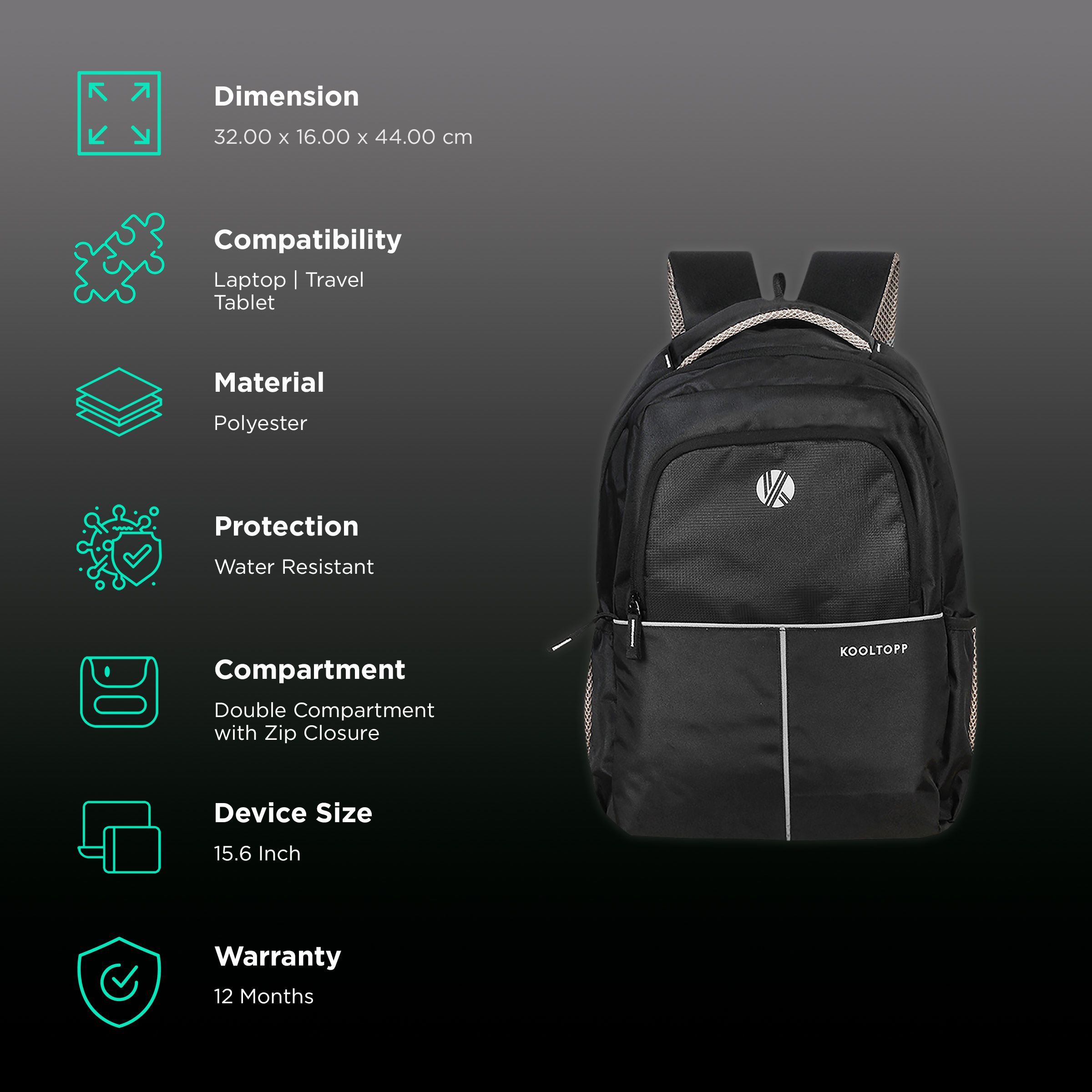 KOOLTOPP Altis Polyester Laptop Backpack for 15.6 Inch Laptop (22 L, Water Resistant, Black)_2