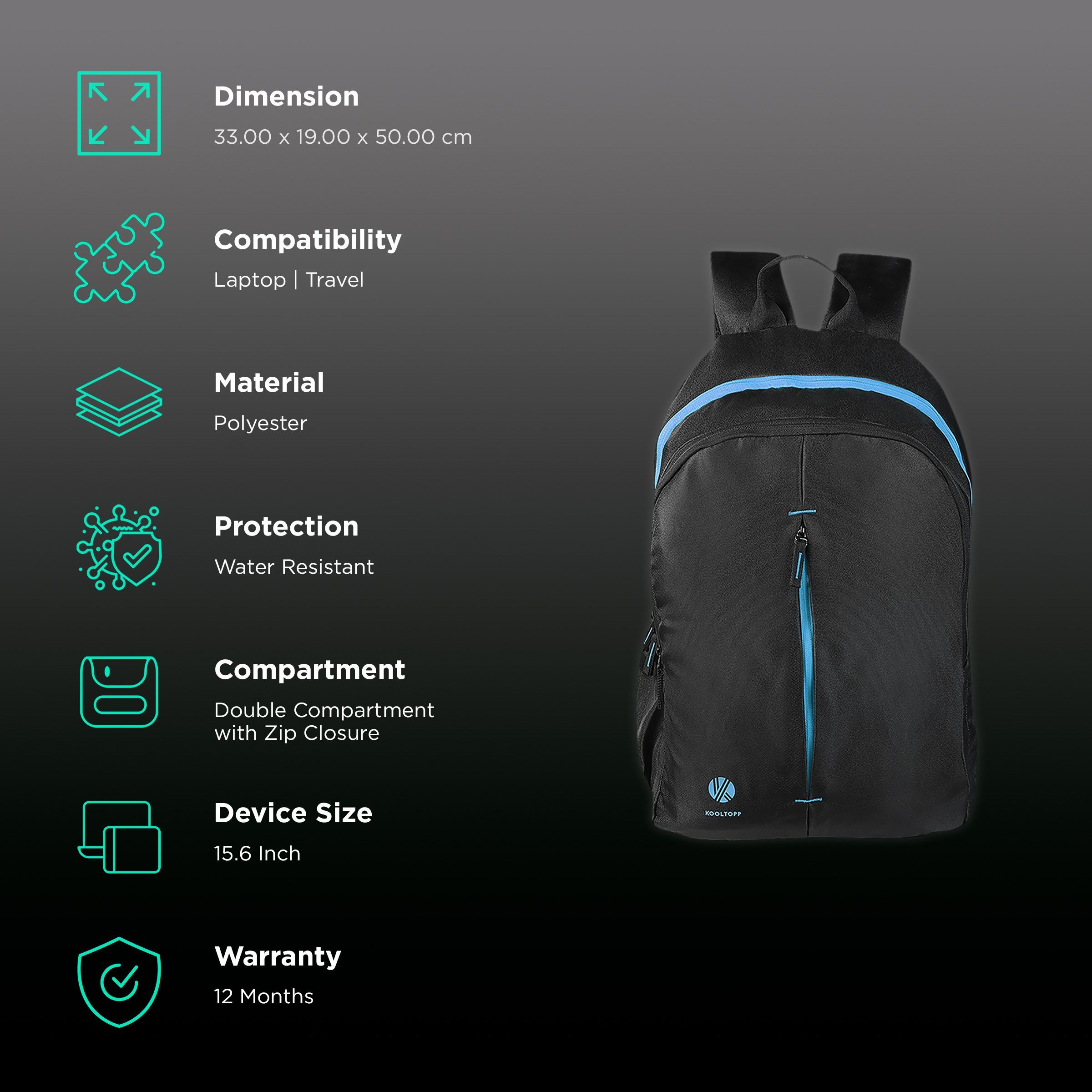 KOOLTOPP Odyssey Polyester Laptop Backpack for 15.6 Inch Laptop (31 L, Water Resistant, Blue/Black)_2