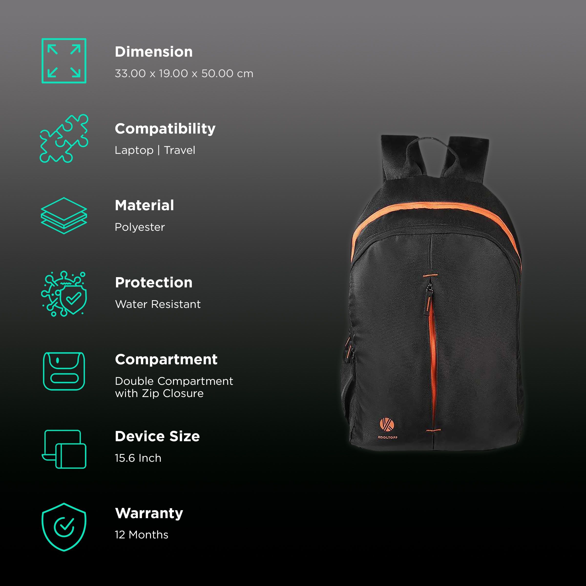 KOOLTOPP Odyssey Polyester Laptop Backpack for 15.6 Inch Laptop (31 L, Water Resistant, Black/Orange)_2