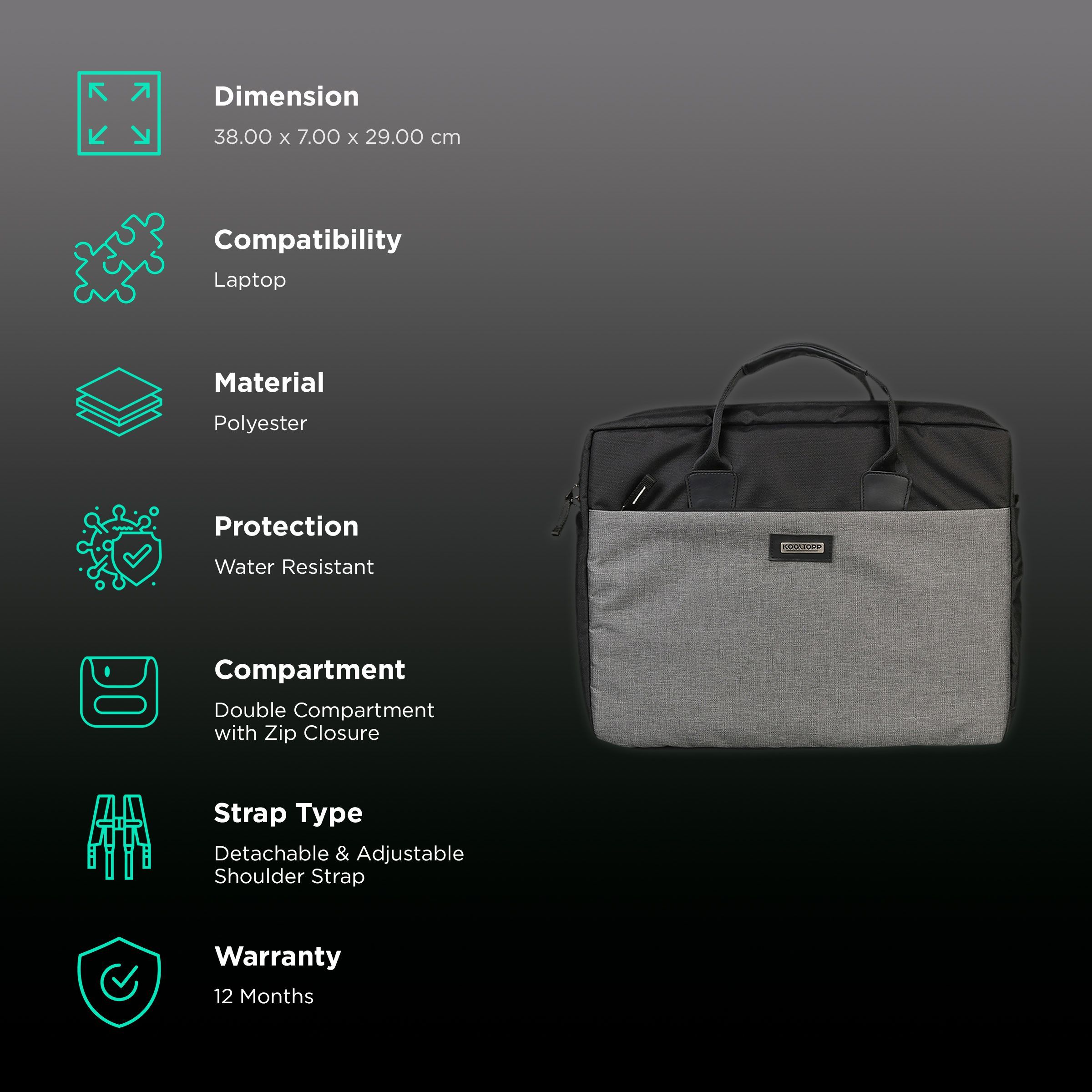 KOOLTOPP Classy Messenger Polyester Laptop Sleeve for 15.6 Inch Laptop (7 L, Water Resistant, Grey)_3