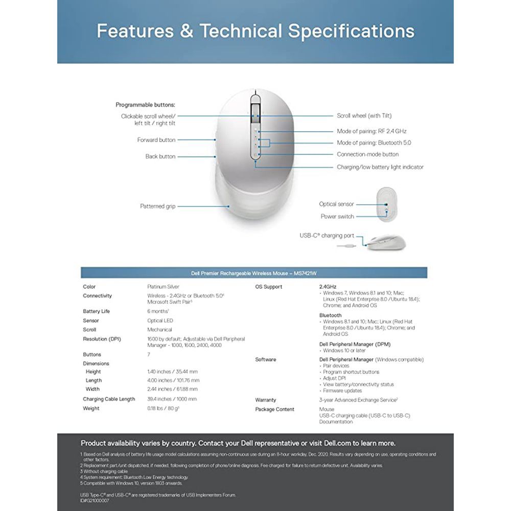 DELL MS7421W Rechargeable Wireless Optical Performance Mouse with Type C Adapter (1600 dpi, Ergonomic Design, Platinum silver)_10