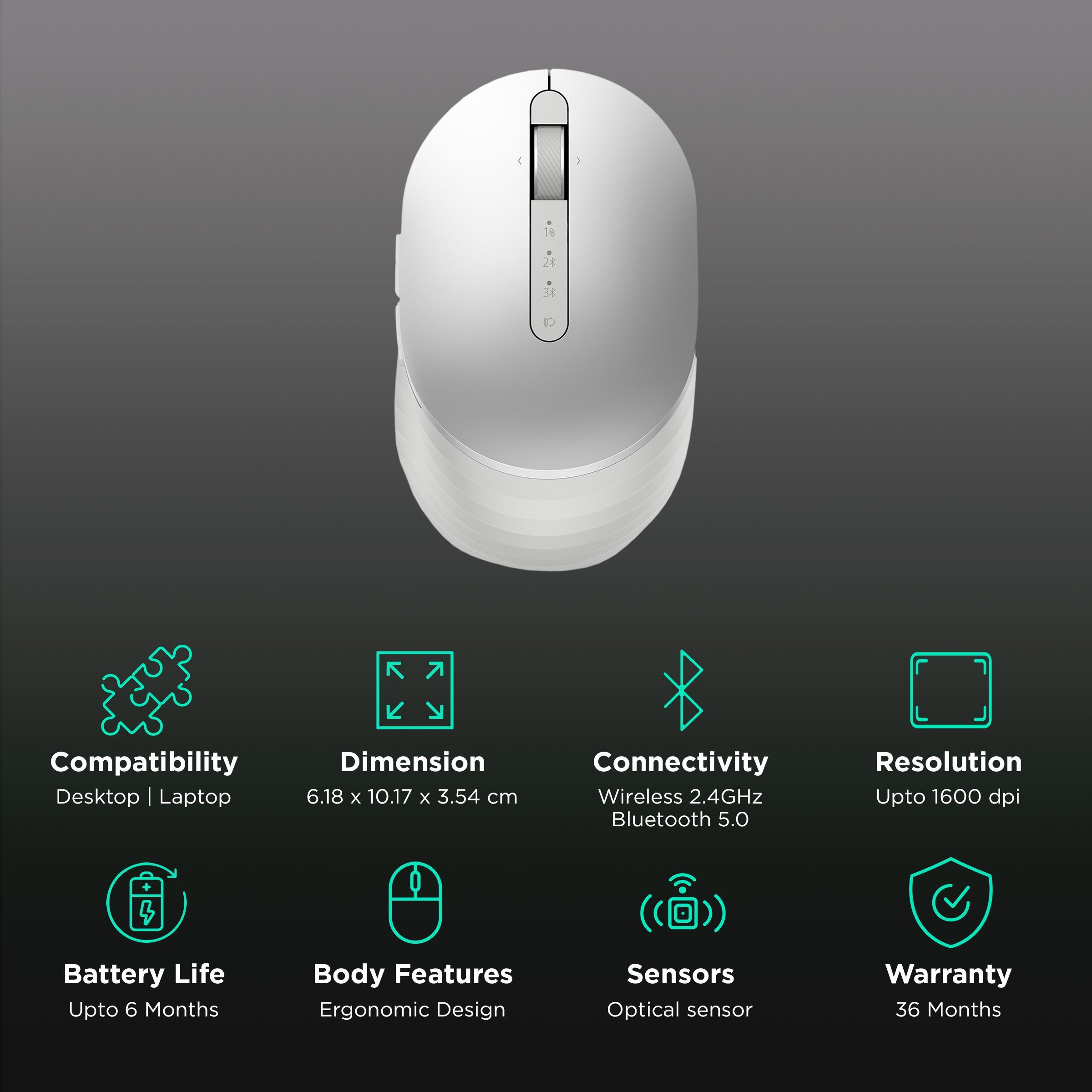 DELL MS7421W Rechargeable Wireless Optical Performance Mouse with Type C Adapter (1600 dpi, Ergonomic Design, Platinum silver)_2