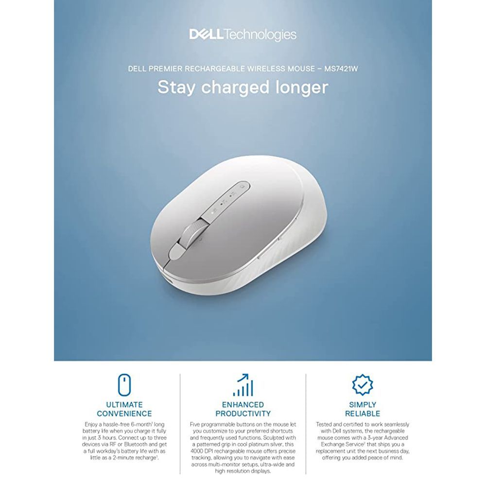 DELL MS7421W Rechargeable Wireless Optical Performance Mouse with Type C Adapter (1600 dpi, Ergonomic Design, Platinum silver)_8
