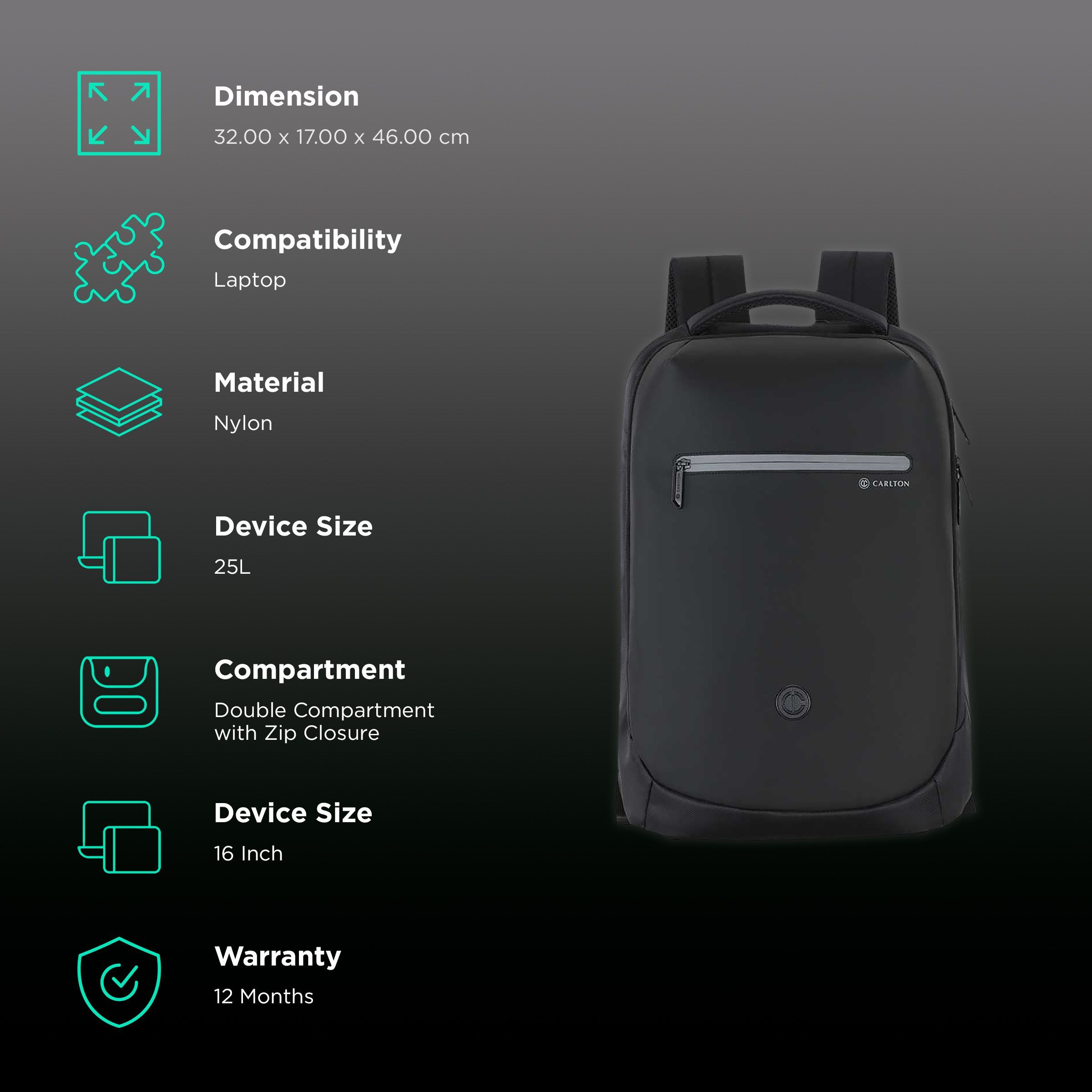 Carlton Dorset 02 Nylon Laptop Backpack for 16 Inch Laptop (25 L, With Rain Cover, Midnight Black) Carlton Dorset 02 Nylon Laptop Backpack for 16 Inch Laptop (25 L, With Rain Cover, Midnight Black)_2