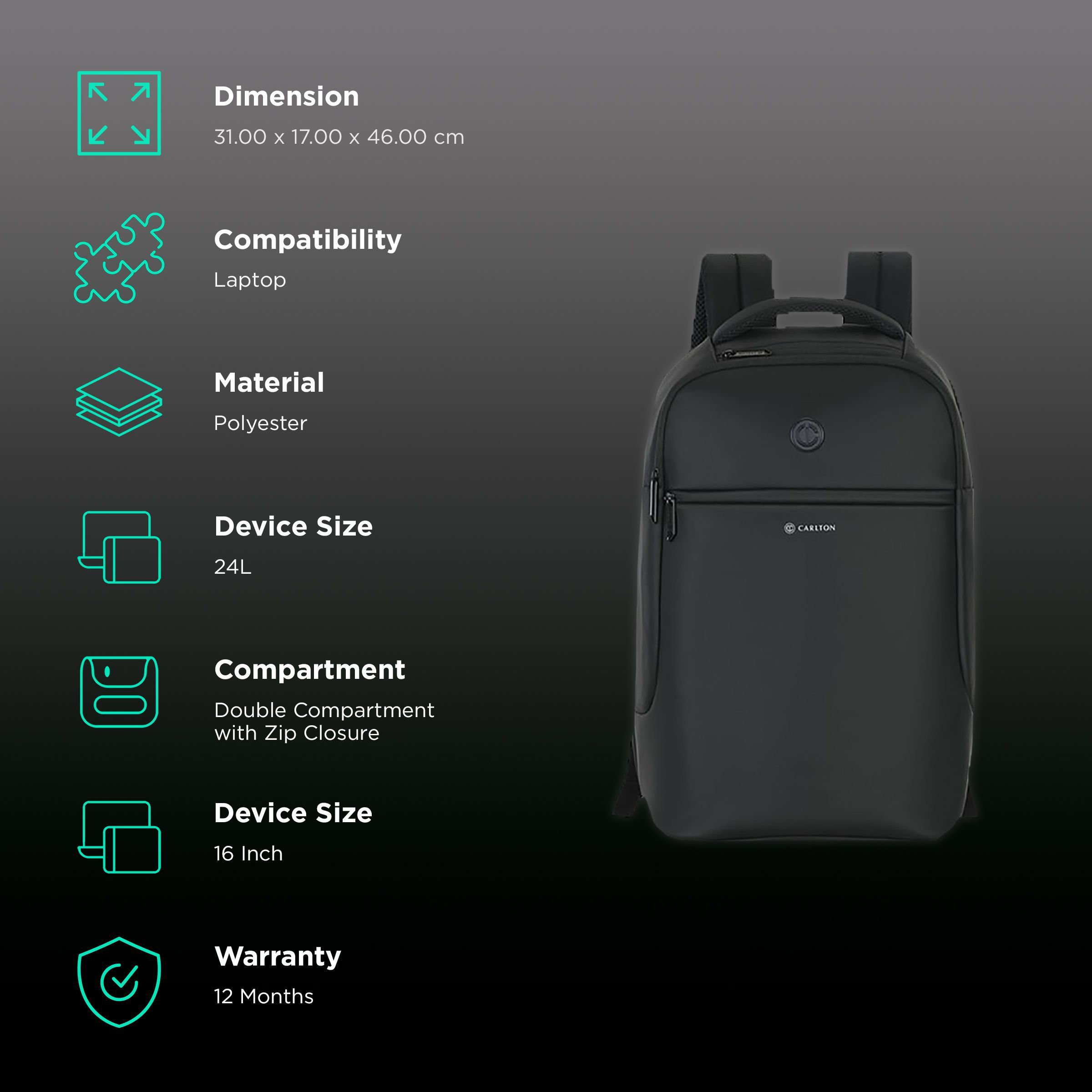 Carlton Dorset 04 Polyester Laptop Backpack for 16 Inch Laptop (24 L, With Rain Cover, Midnight Black) Carlton Dorset 04 Polyester Laptop Backpack for 16 Inch Laptop (24 L, With Rain Cover, Midnight Black)_2