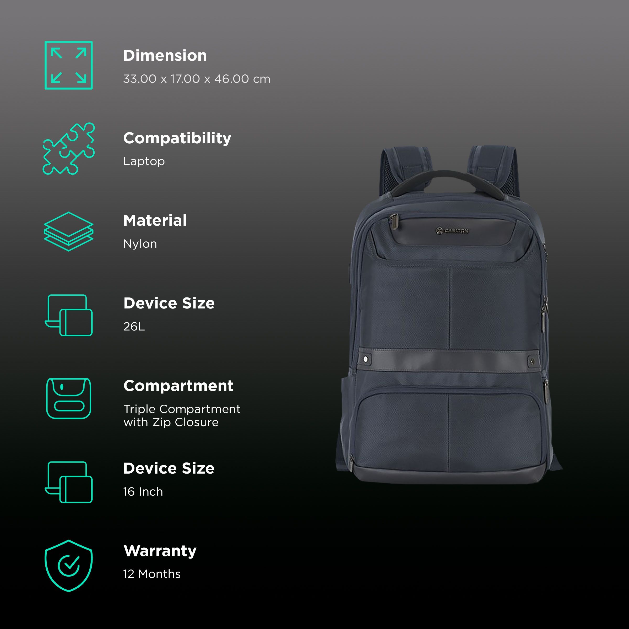 Carlton Hampshire 04 Nylon Laptop Backpack for 16 Inch Laptop (26 L, Ergo Foam Back, Prussian Blue)_2