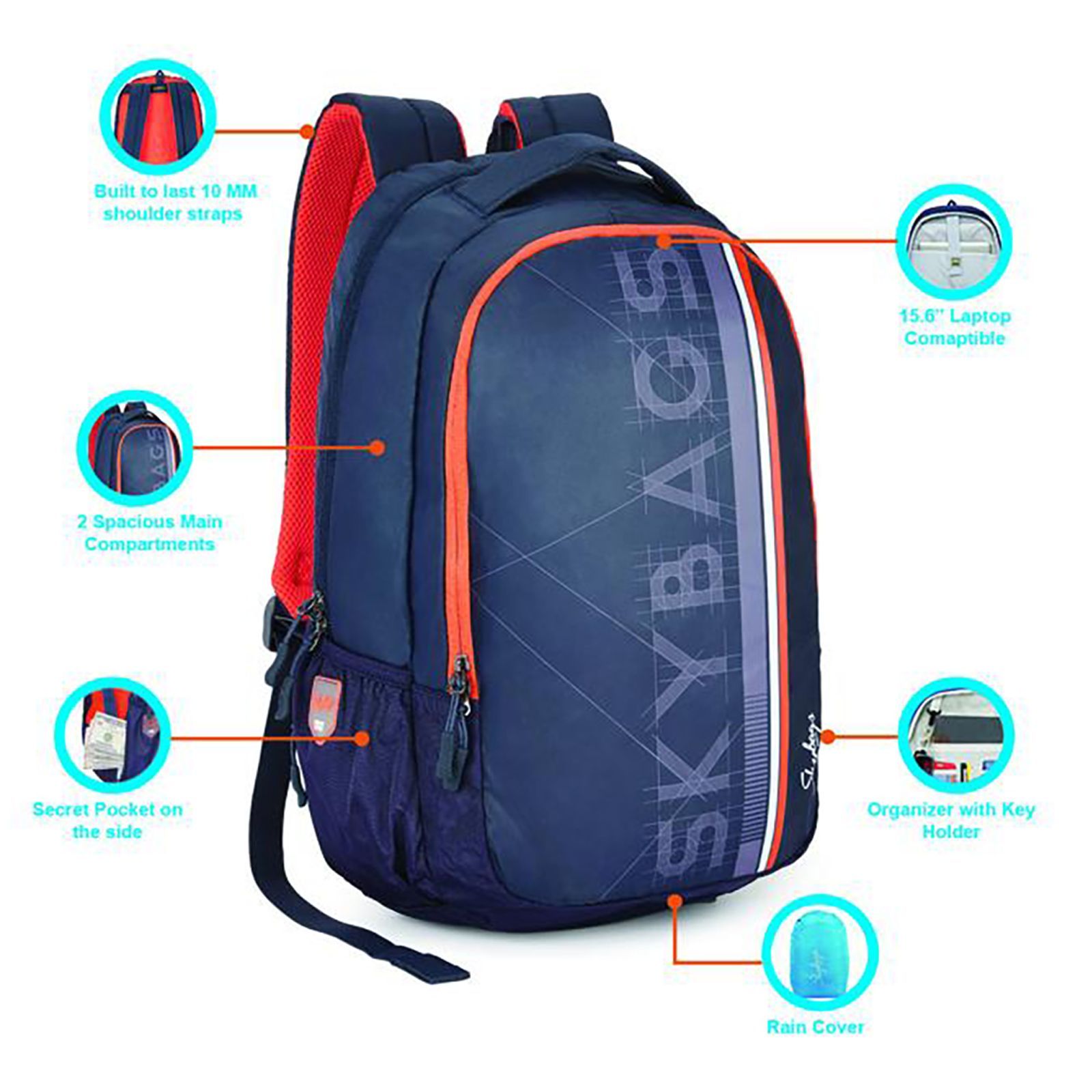 Skybags Campus 05 Polyester Laptop Backpack for 15.6 Inch Laptop (30 L, With Rain Cover, Navy Blue) Skybags Campus 05 Polyester Laptop Backpack for 15.6 Inch Laptop (30 L, With Rain Cover, Navy Blue)_7
