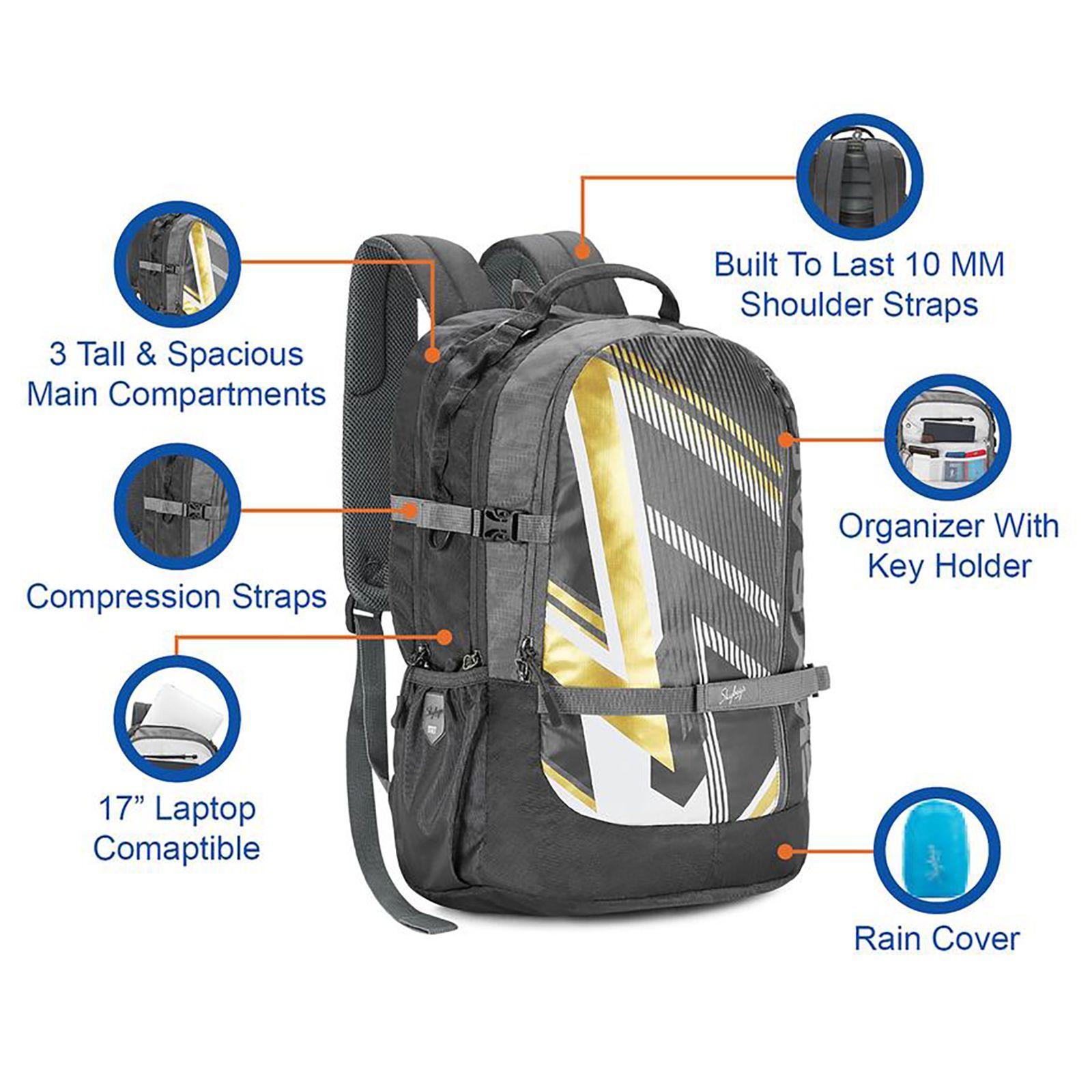 Skybags Campus Plus XL 01 Polyester Laptop Backpack for 17 Inch Laptop (33 L, With Rain Cover, Grey)_6