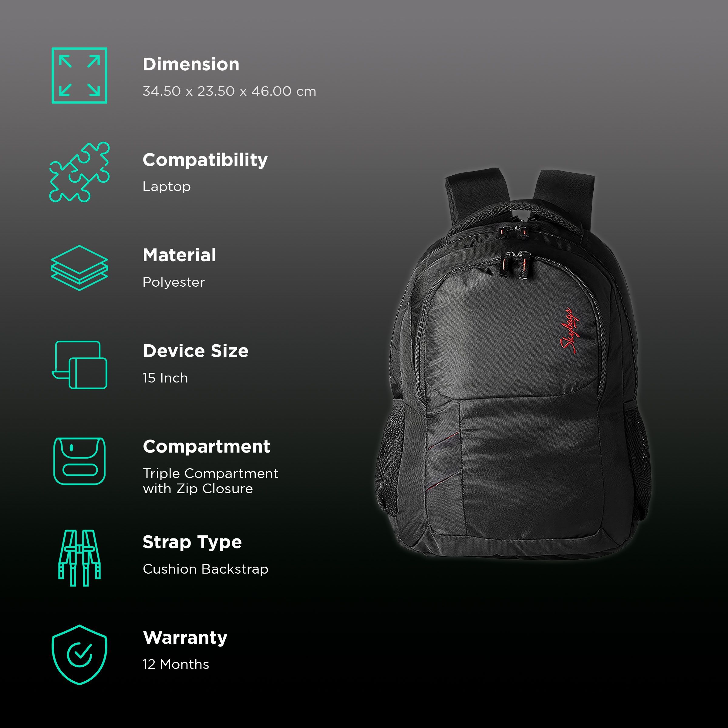 Skybags Fox Polyester Laptop Backpack for 15 Inch Laptop (29 L, Cushion Backstrap, Black)_2