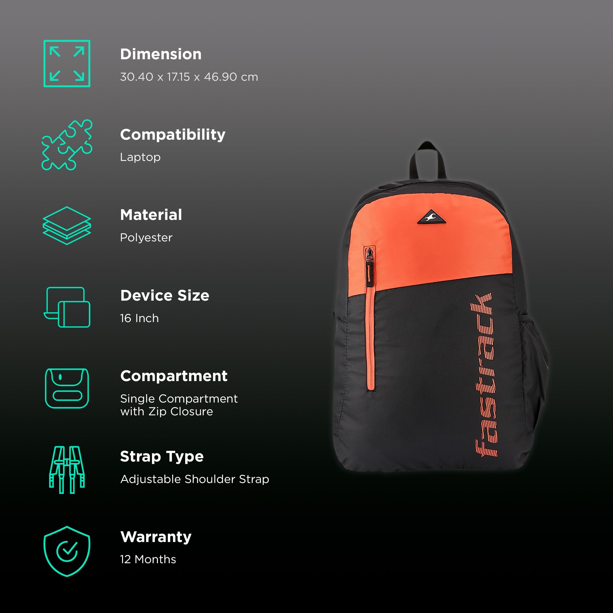 fastrack Polyester Laptop Backpack for 16 Inch Laptop (25 L, Lightweight & Comfortable, Orange) fastrack Polyester Laptop Backpack for 16 Inch Laptop (25 L, Lightweight & Comfortable, Orange)_2