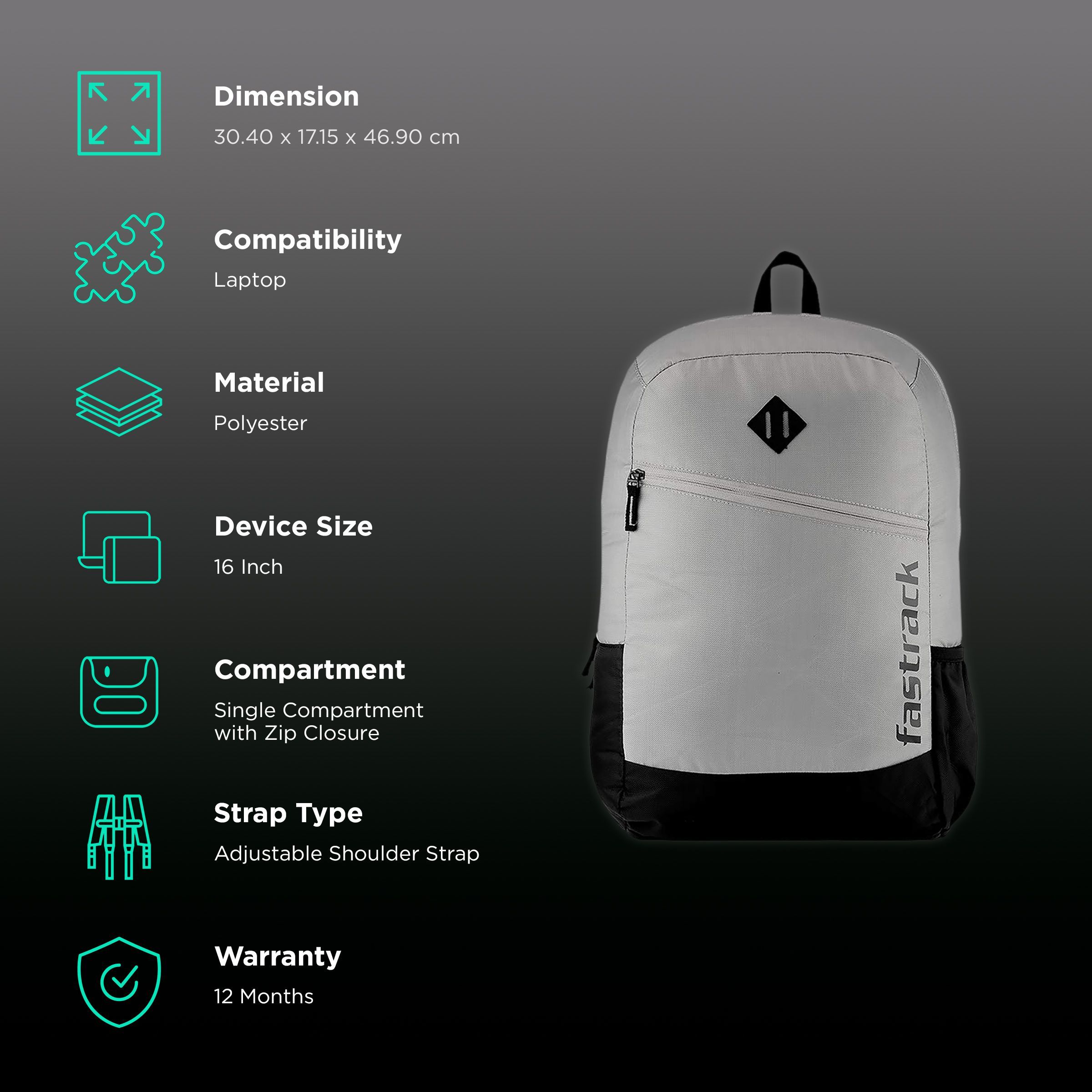 fastrack Polyester Laptop Backpack for 16 Inch Laptop (25 L, Lightweight & Comfortable, Grey)_2