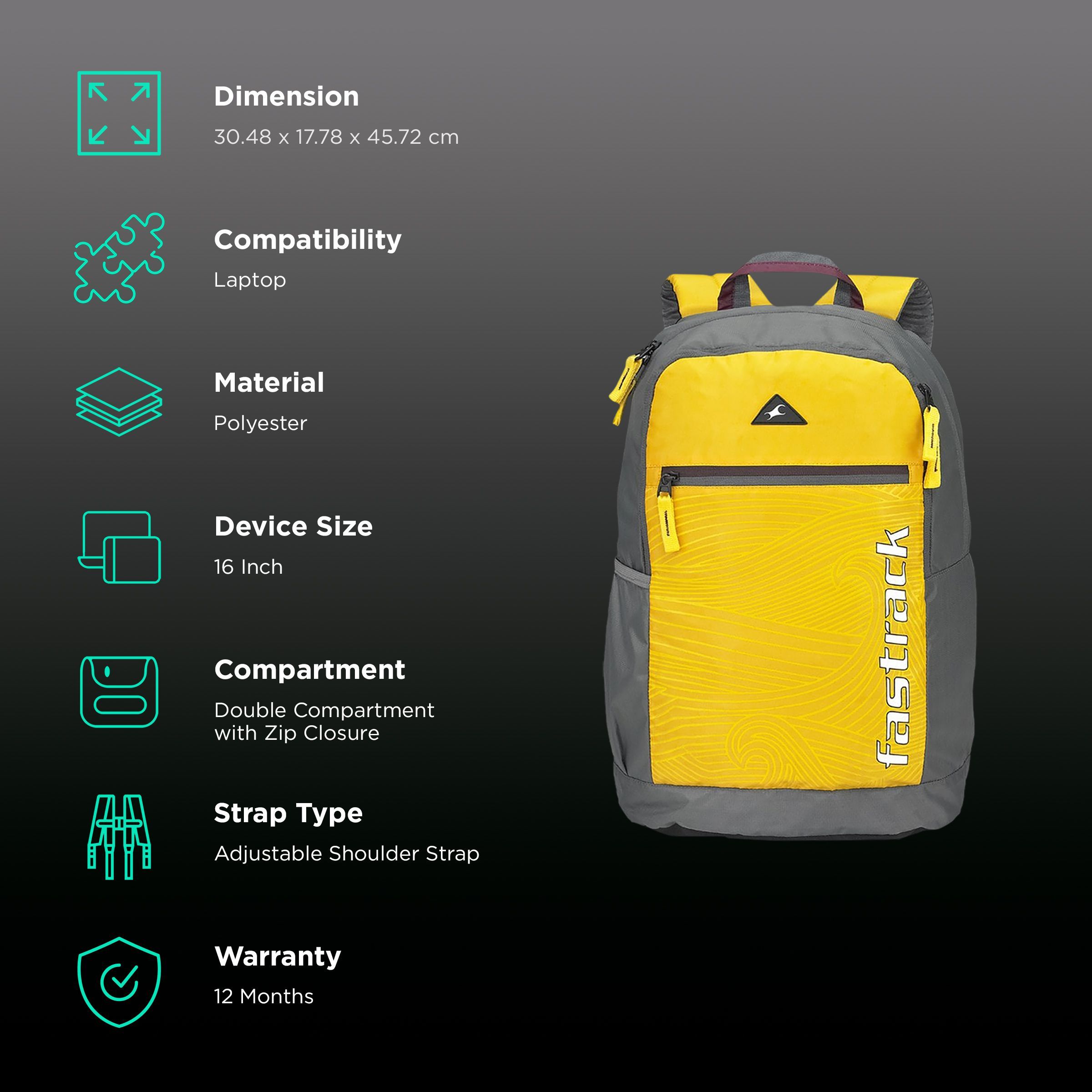 fastrack Scamper Ergolight Polyester Laptop Backpack for 16 Inch Laptop (25 L, Lightweight, Mustard)_2