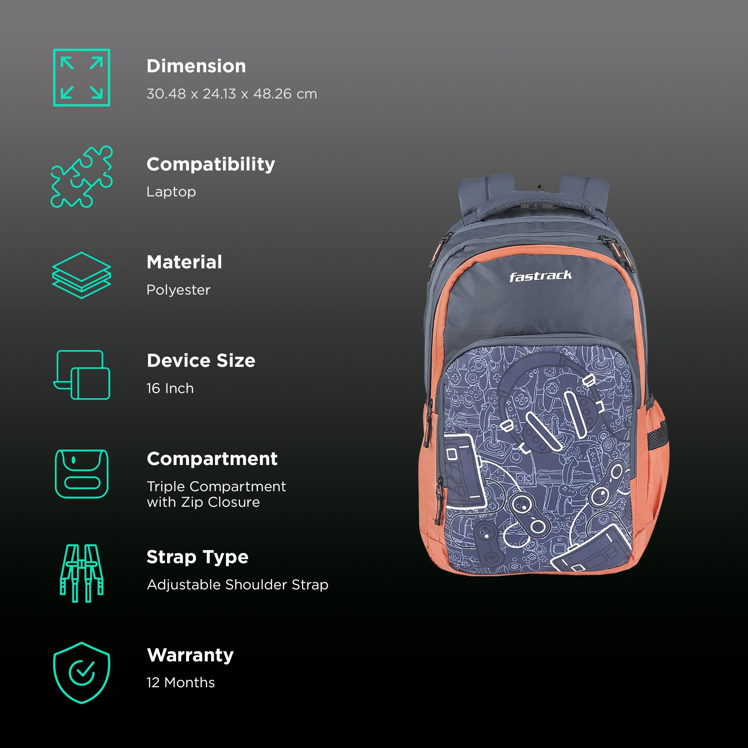 fastrack Alpha Ergolight Polyester Laptop Backpack for 16 Inch Laptop (35 L, Lightweight, Dark Blue)_2