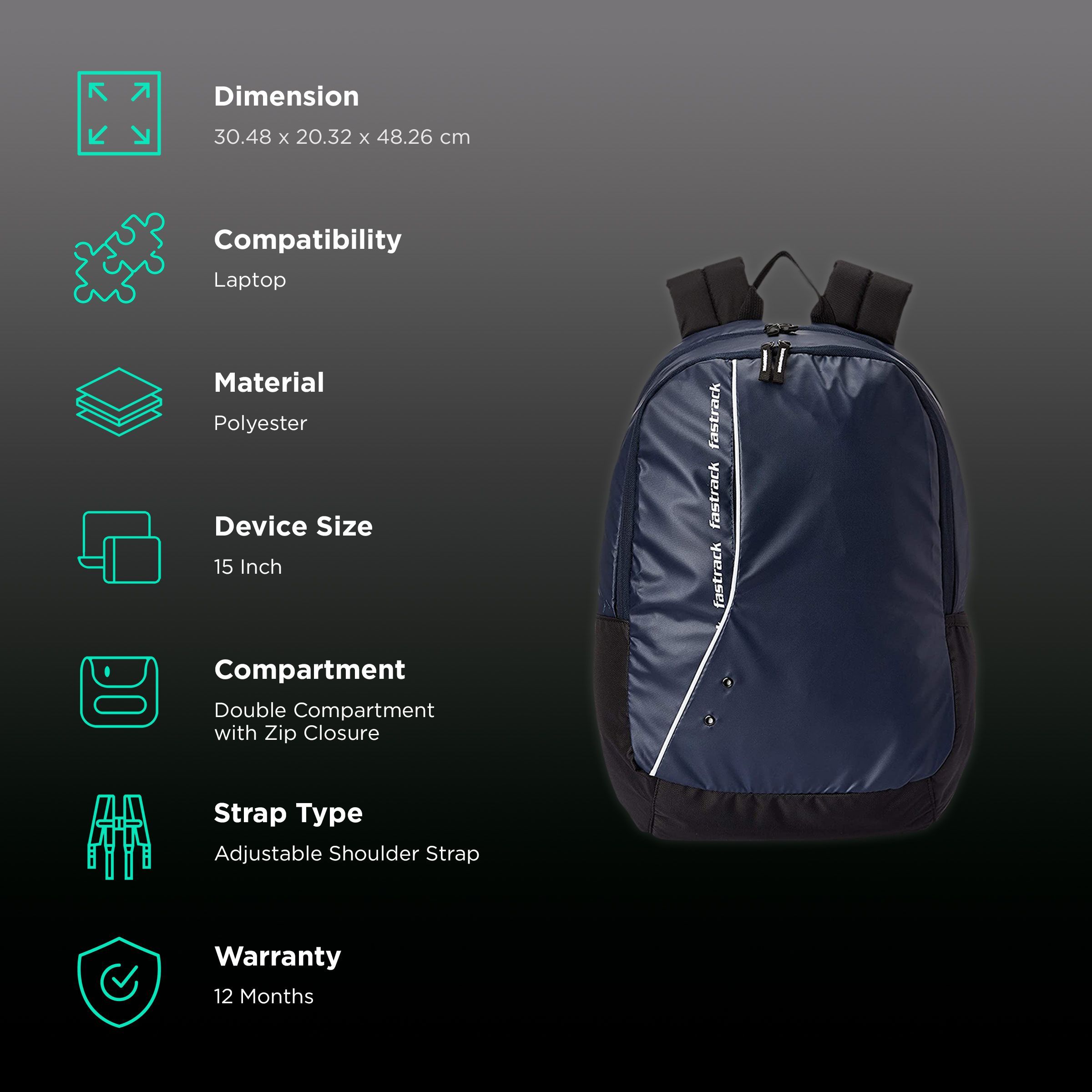 fastrack Fleek Ergolight Polyester Laptop Backpack for 15 Inch Laptop (30 L, Lightweight, Blue)_2