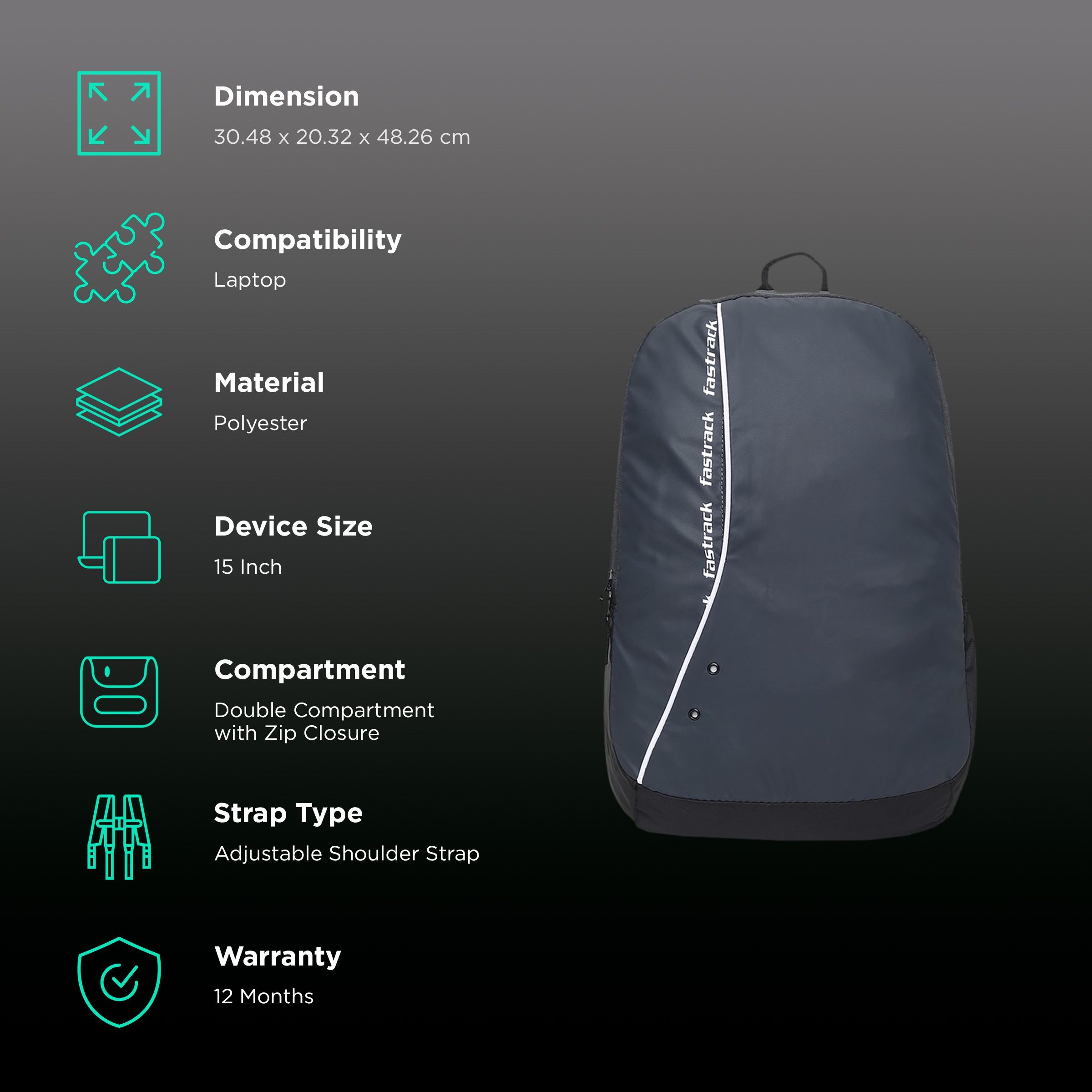 fastrack Polyester Laptop Backpack for 15 Inch Laptop (30 L, Lightweight, Grey)_2