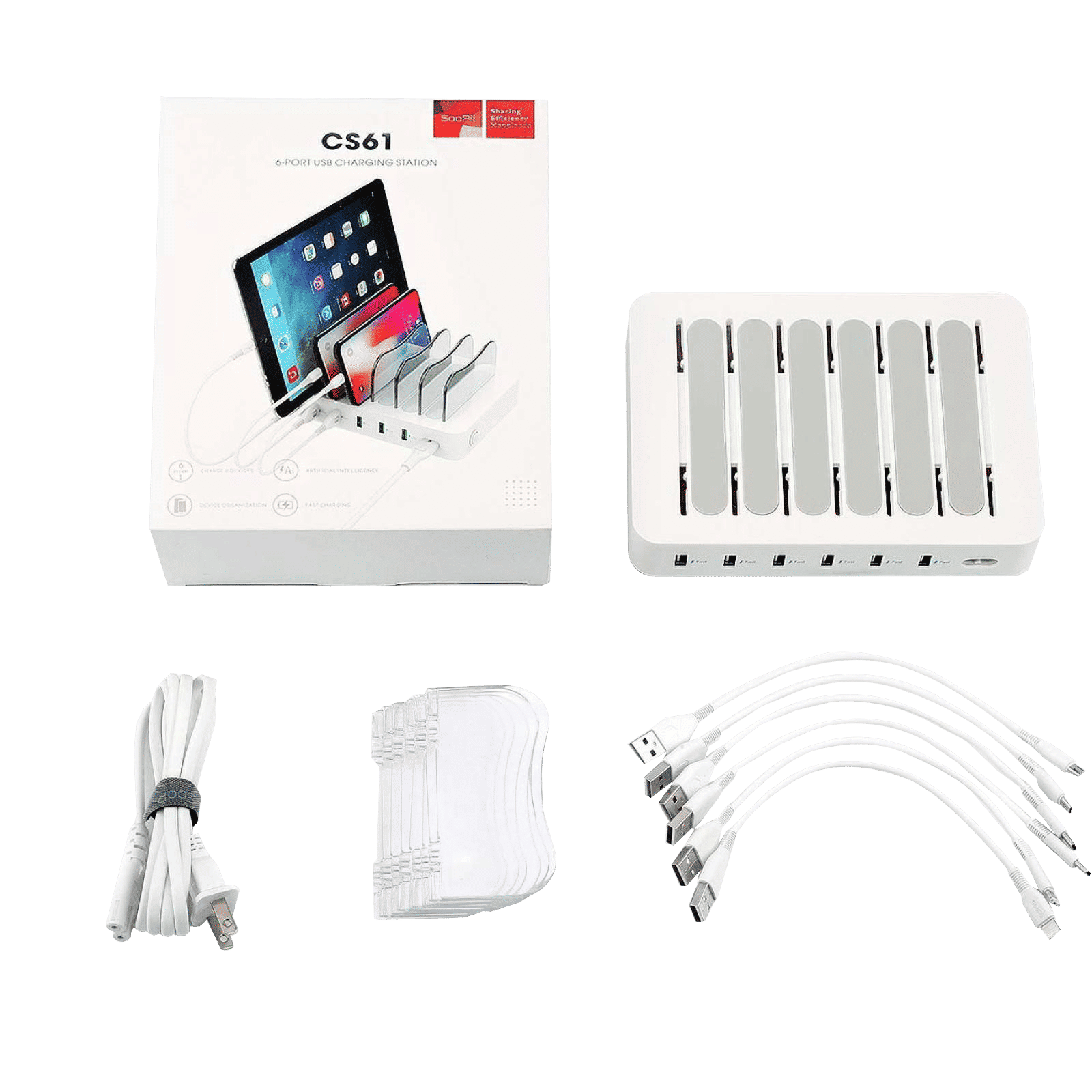 Soopii 50W Type A 6-Port Fast Charging Station (Type A to Type C, Type A to Micro USB & Type A to Lightning Cable, VoltageBoost Technology, White)_4