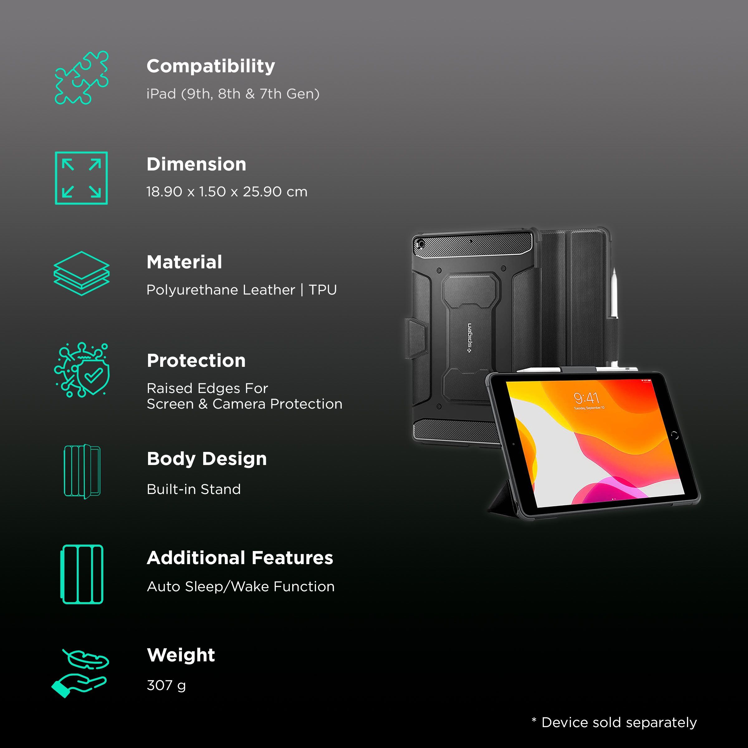 Spigen Rugged Armor Pro Polyurethane Leather, TPU Flip Cover for Apple iPad (9th, 8th & 7th Gen) (Built-in Kickstand, Black)_2