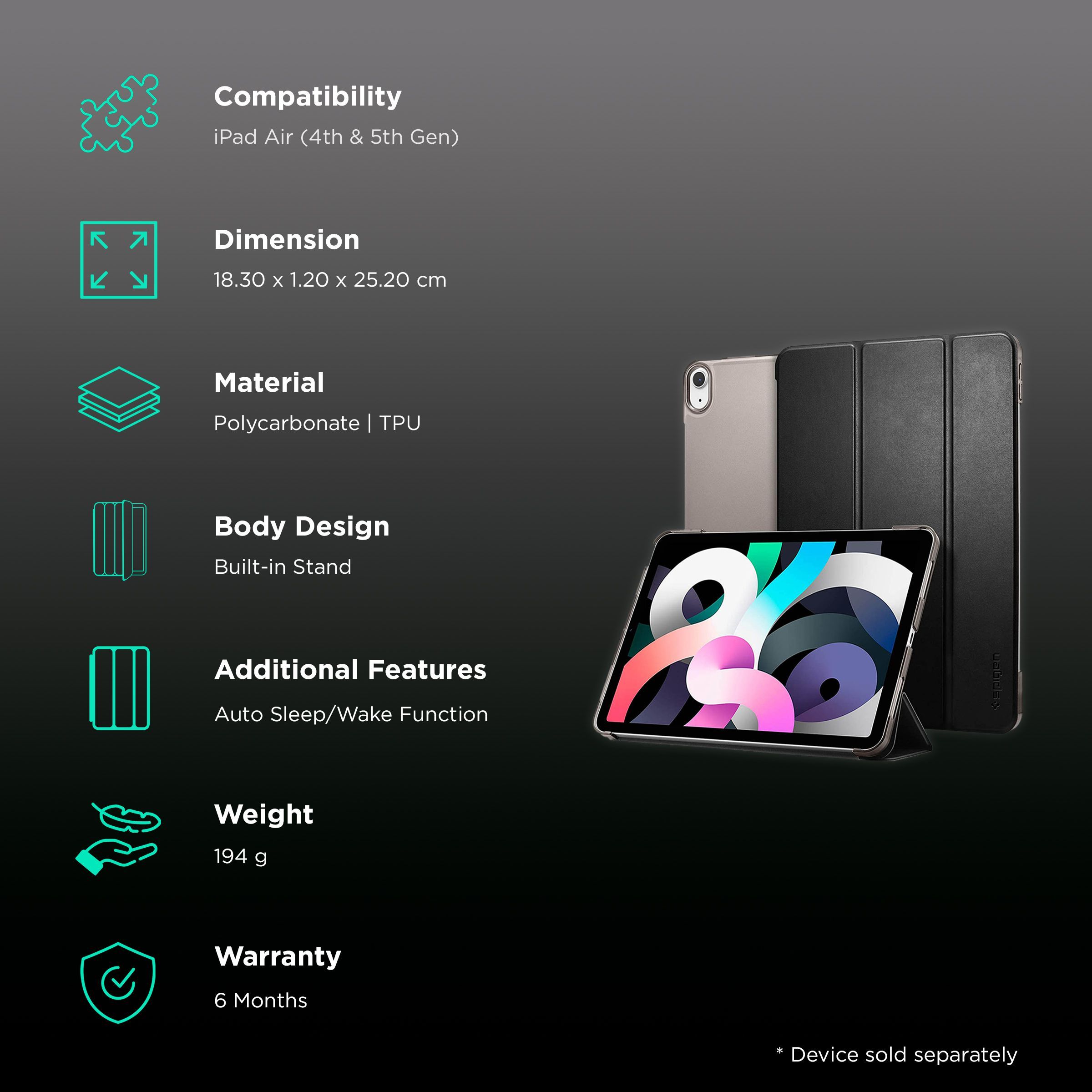 Spigen Smart Fold Polycarbonate, TPU Flip Cover for Apple iPad Air (4th & 5th Gen) (Scratch Protection, Black)_2