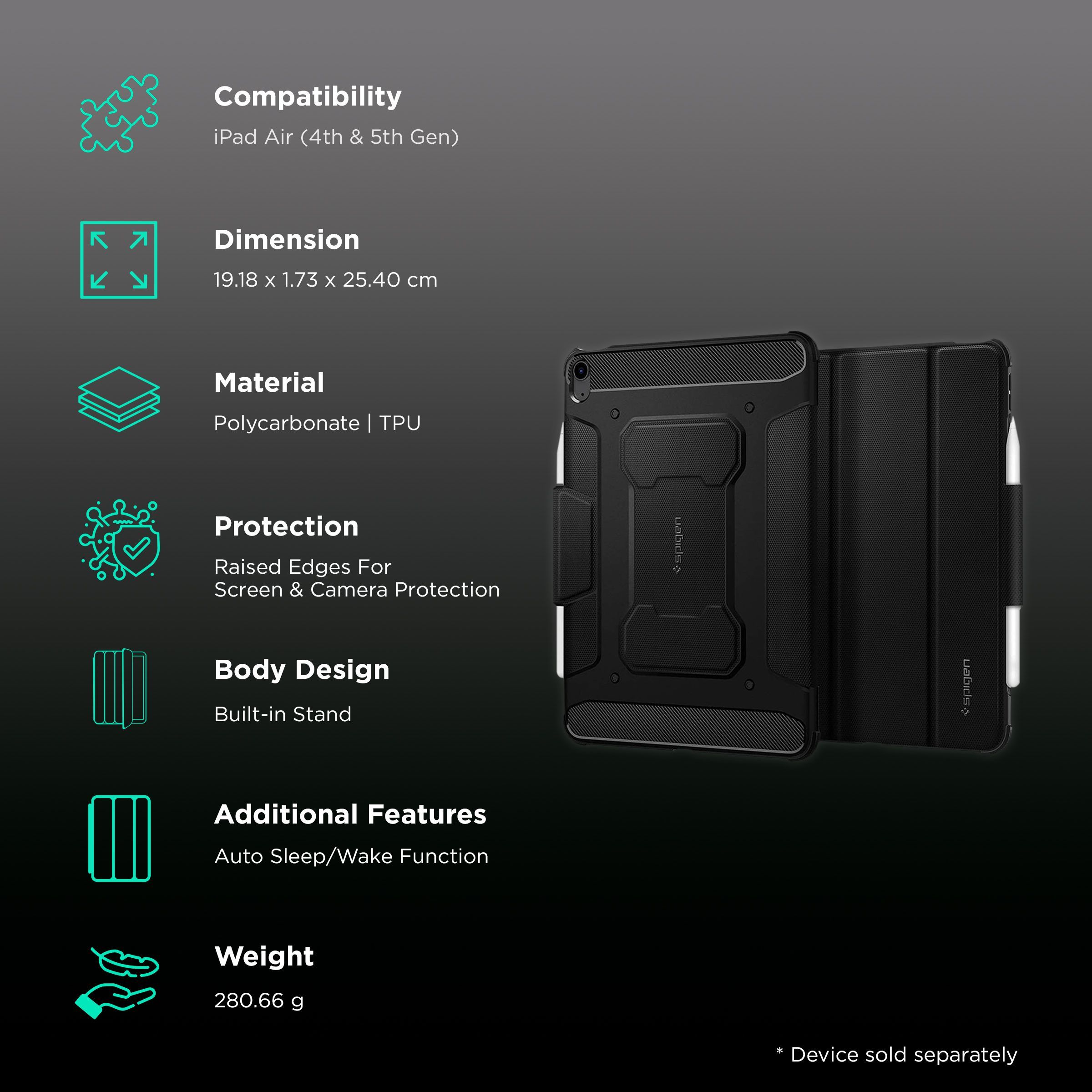 Spigen Rugged Armor Pro Polycarbonate, TPU Flip Cover for Apple iPad Air (4th & 5th Gen) (Built-in Kickstand, Black)_2