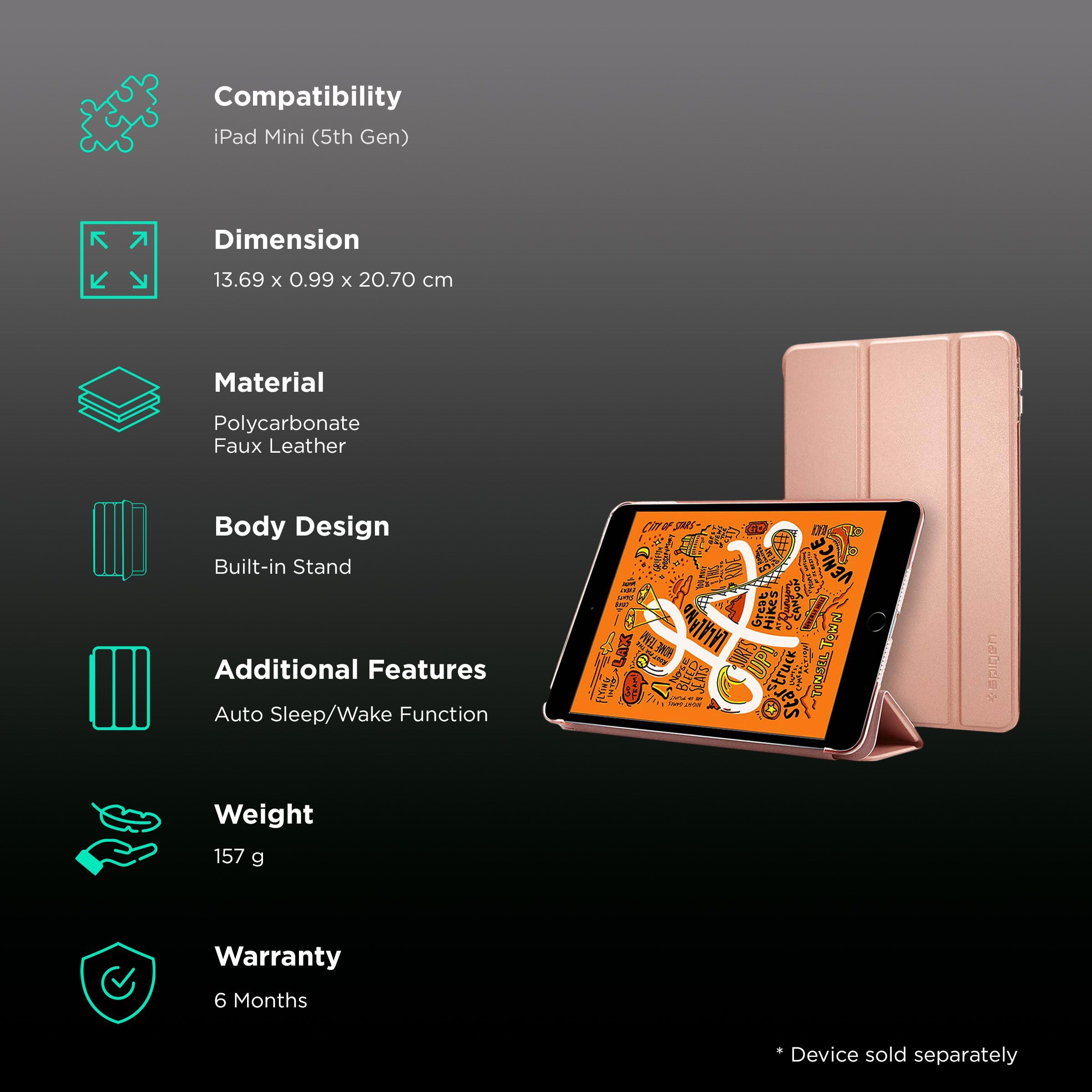 Spigen Smart Fold Polycarbonate, Faux Leather Flip Cover for Apple iPad Mini (5th Gen) (Wake & Sleep Feature, Rose Gold)_2