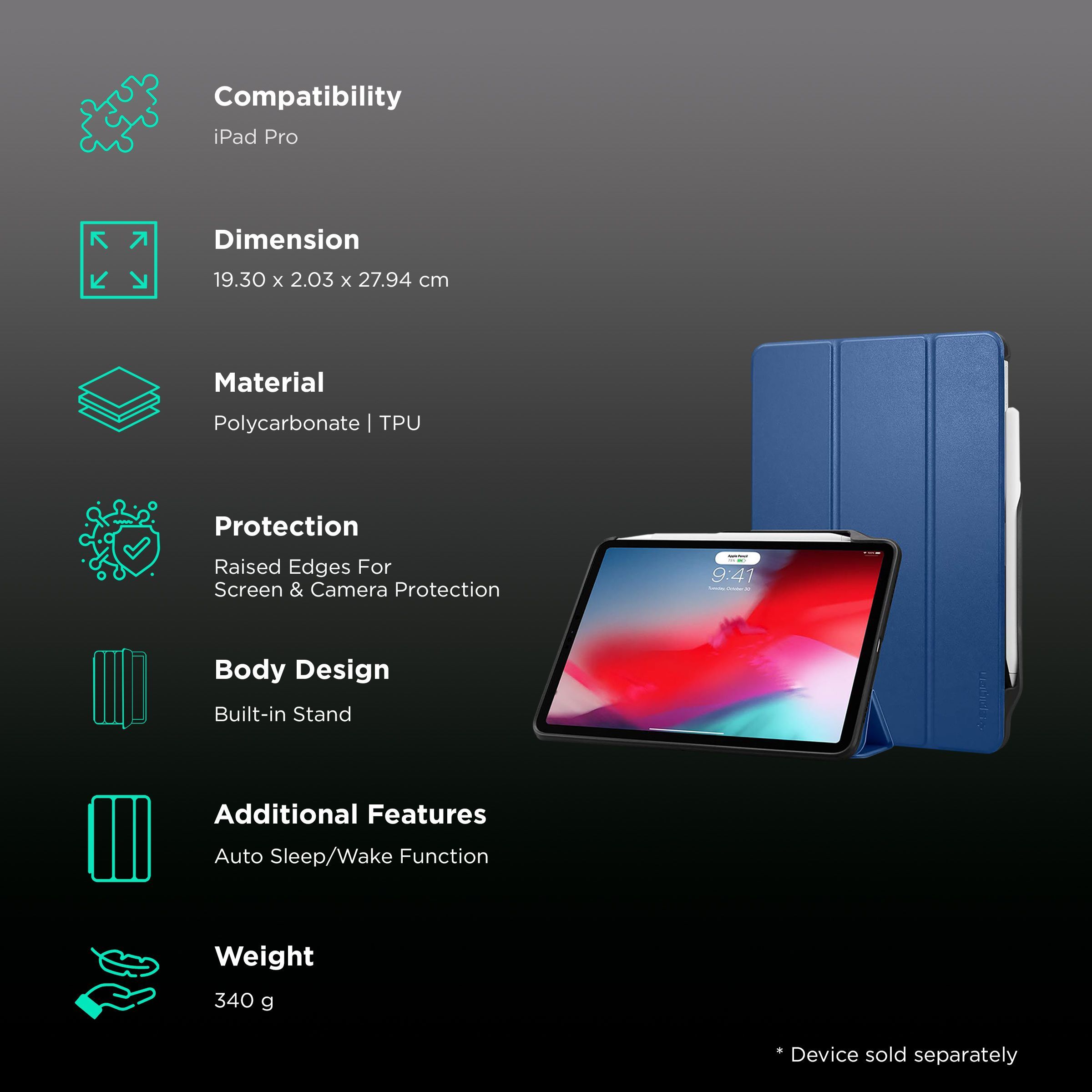 Spigen Smart Fold 2 Polycarbonate, TPU Flip Cover for Apple iPad Pro (Built-in Pen Slot, Blue)_2