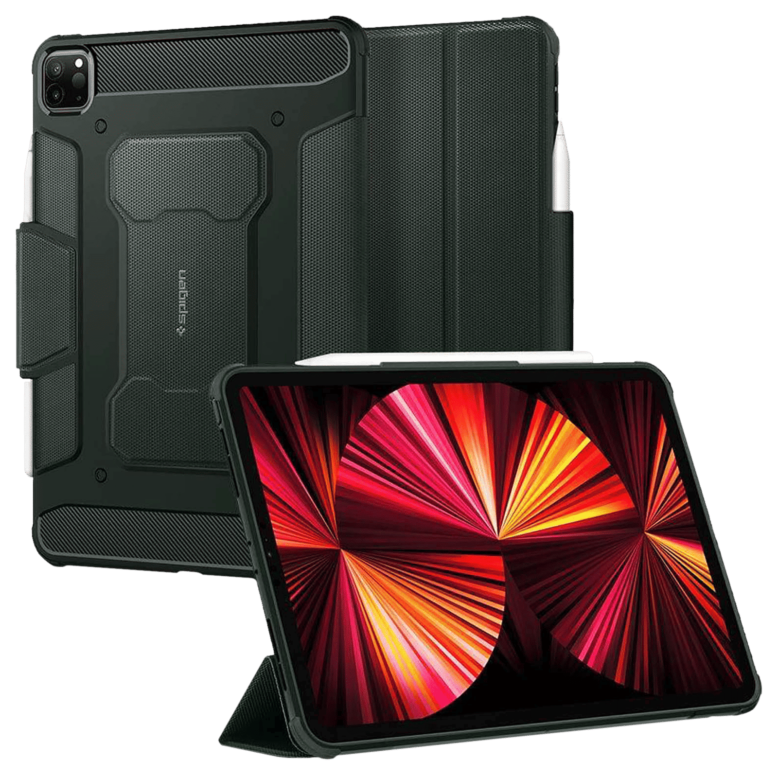 spigen Rugged Armor Pro Polyurethane Leather, TPU Flip Cover for Apple iPad Pro (Built-in Kickstand, Military Green)_1
