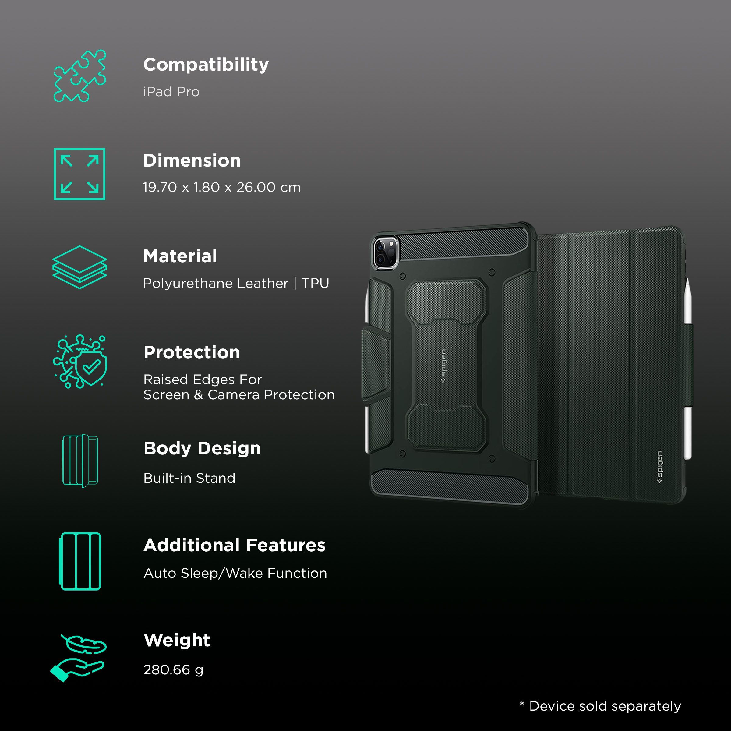 spigen Rugged Armor Pro Polyurethane Leather, TPU Flip Cover for Apple iPad Pro (Built-in Kickstand, Military Green)_2