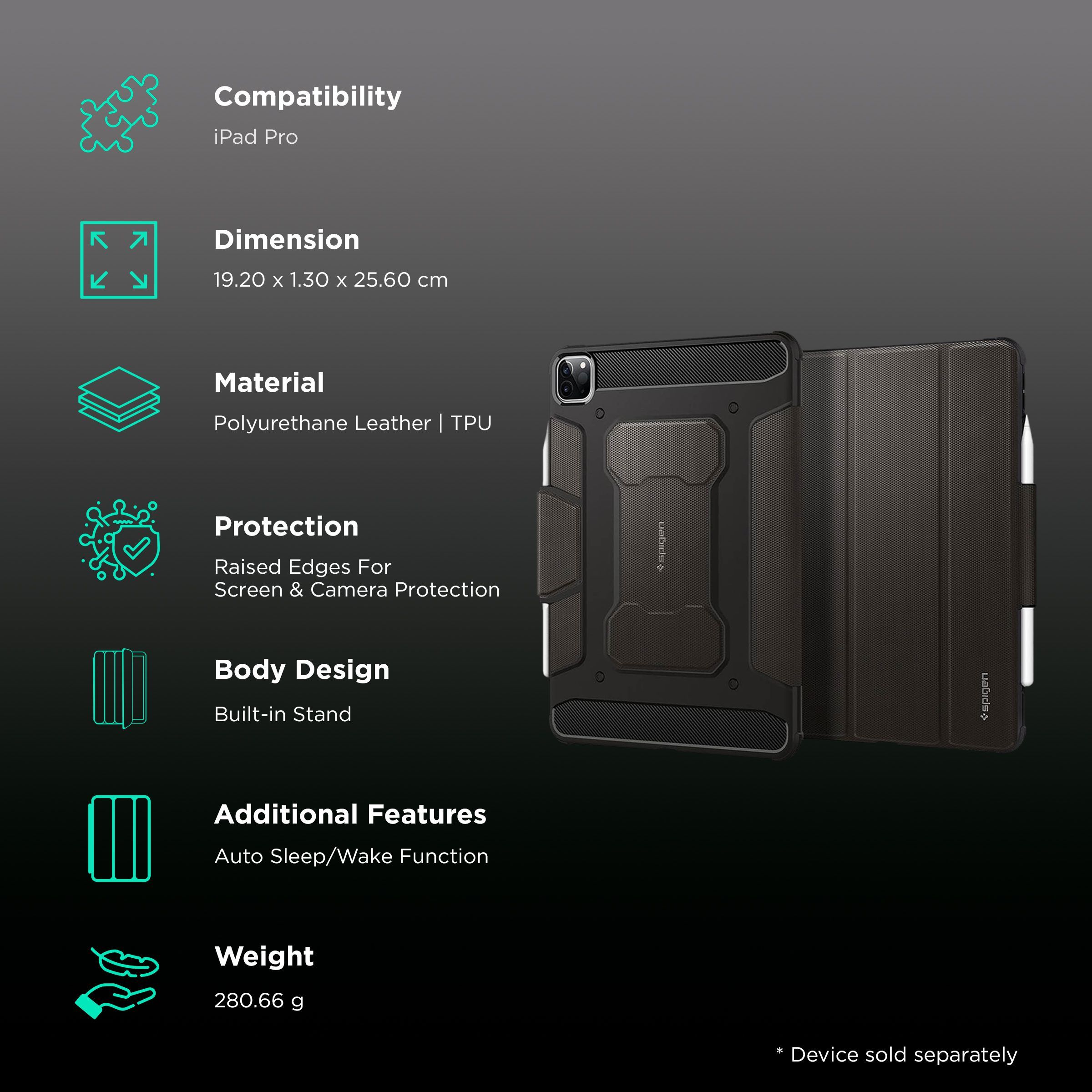 Spigen Rugged Armor Pro Polyurethane Leather, TPU Flip Cover for Apple iPad Pro (Built-in Kickstand, Gunmetal)_2