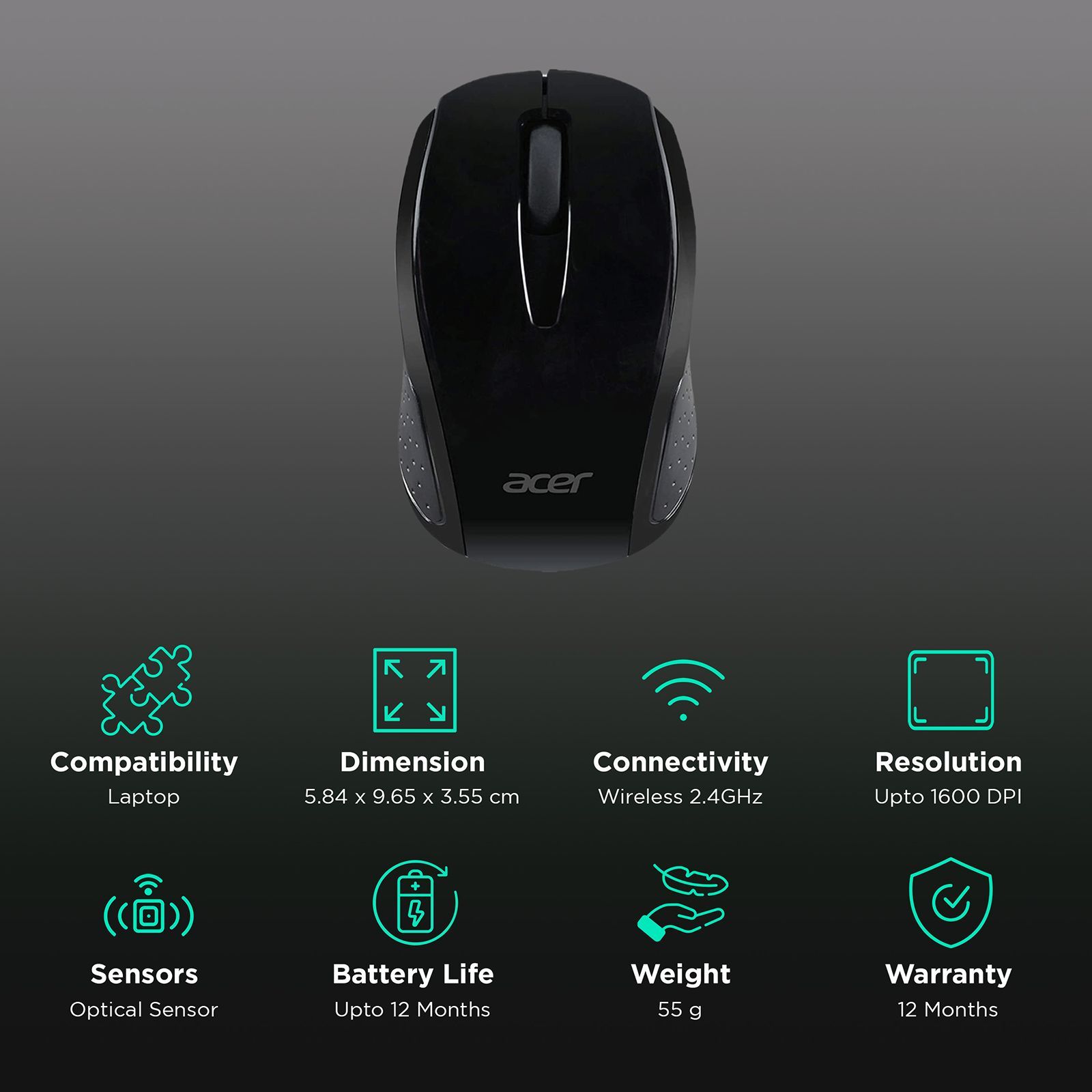 acer AMR800 Wireless Optical Gaming Mouse (1600 DPI Adjustable, Works with Chromebook, Black)_2