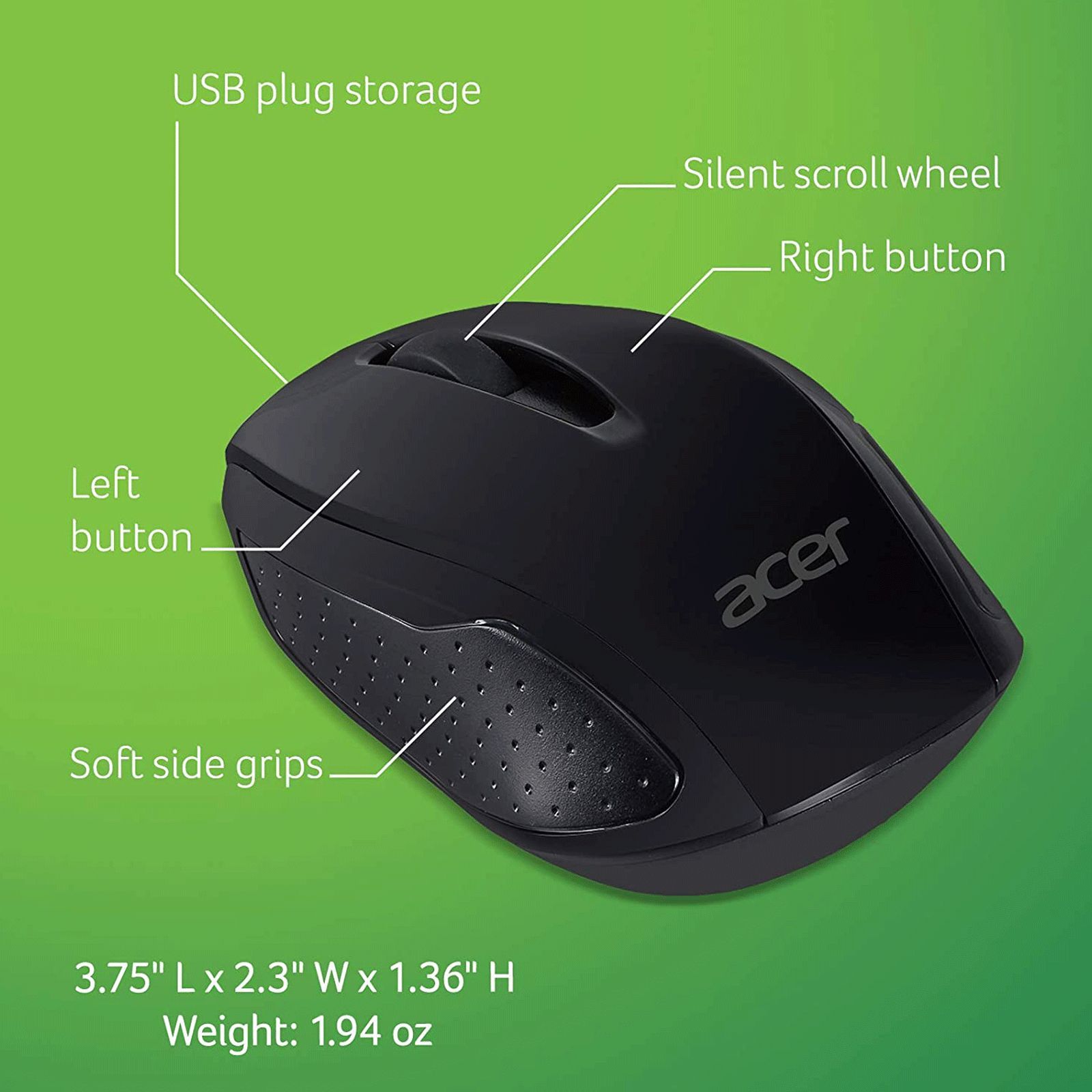 acer AMR800 Wireless Optical Gaming Mouse (1600 DPI Adjustable, Works with Chromebook, Black)_8