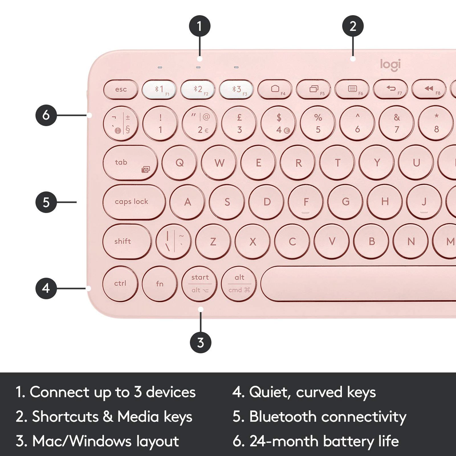logitech K380 Bluetooth 3.0 Wireless Keyboard with Multi Device Connectivity (Low Profile Scissor Keys, Rose)_10